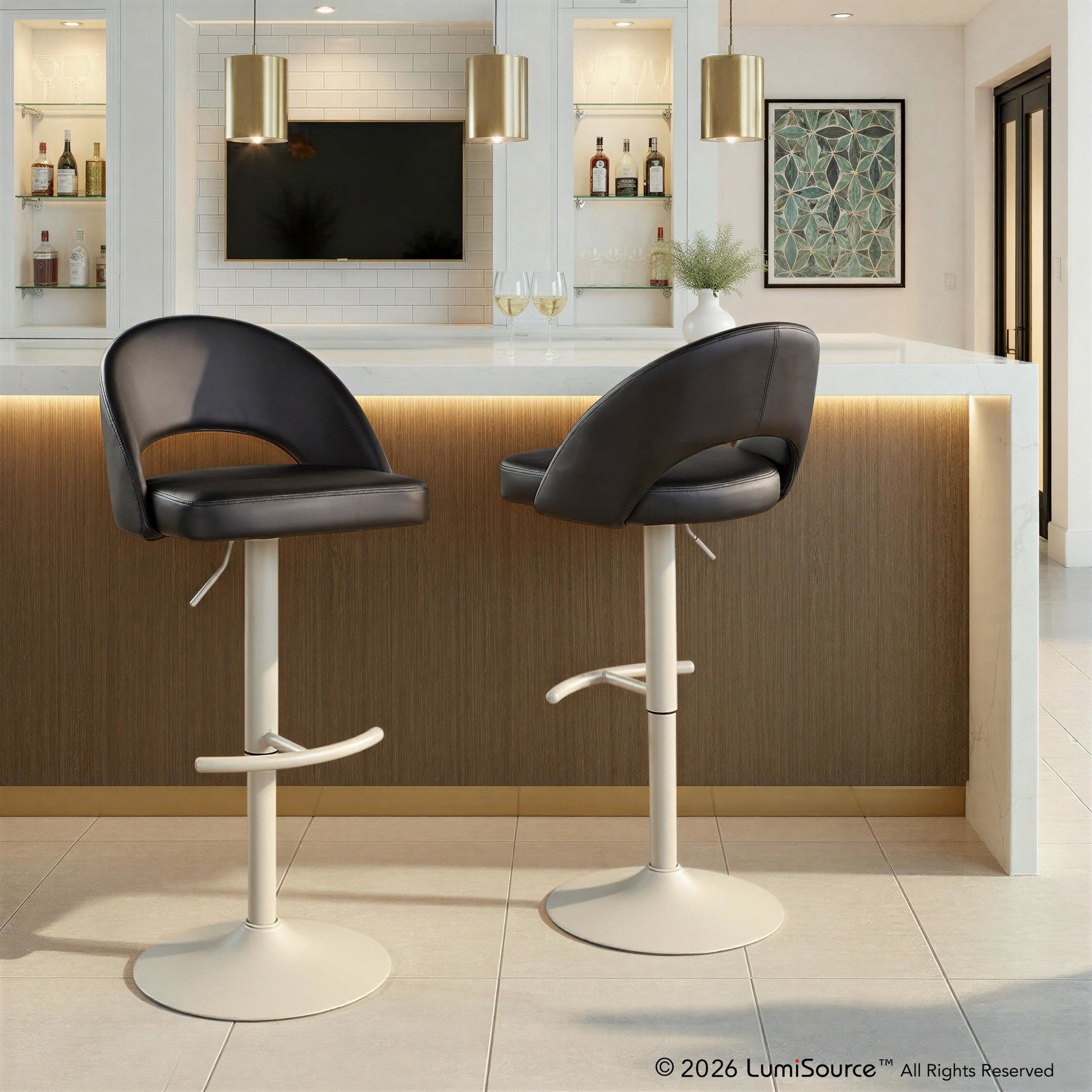 Renee Adjustable Barstool - Set of 2 - Pearl Grey Metal, Black PU