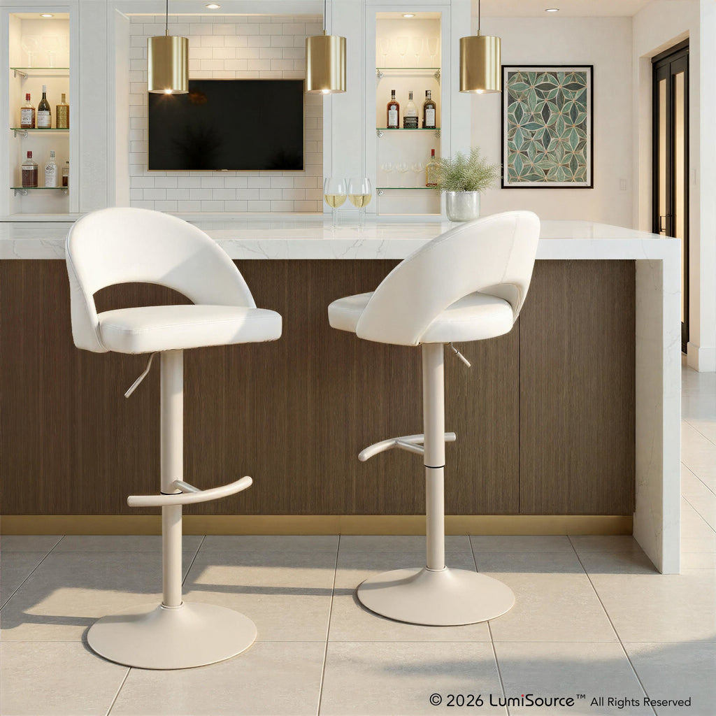 Renee Adjustable Barstool - Set of 2 - Pearl Grey Metal, White PU