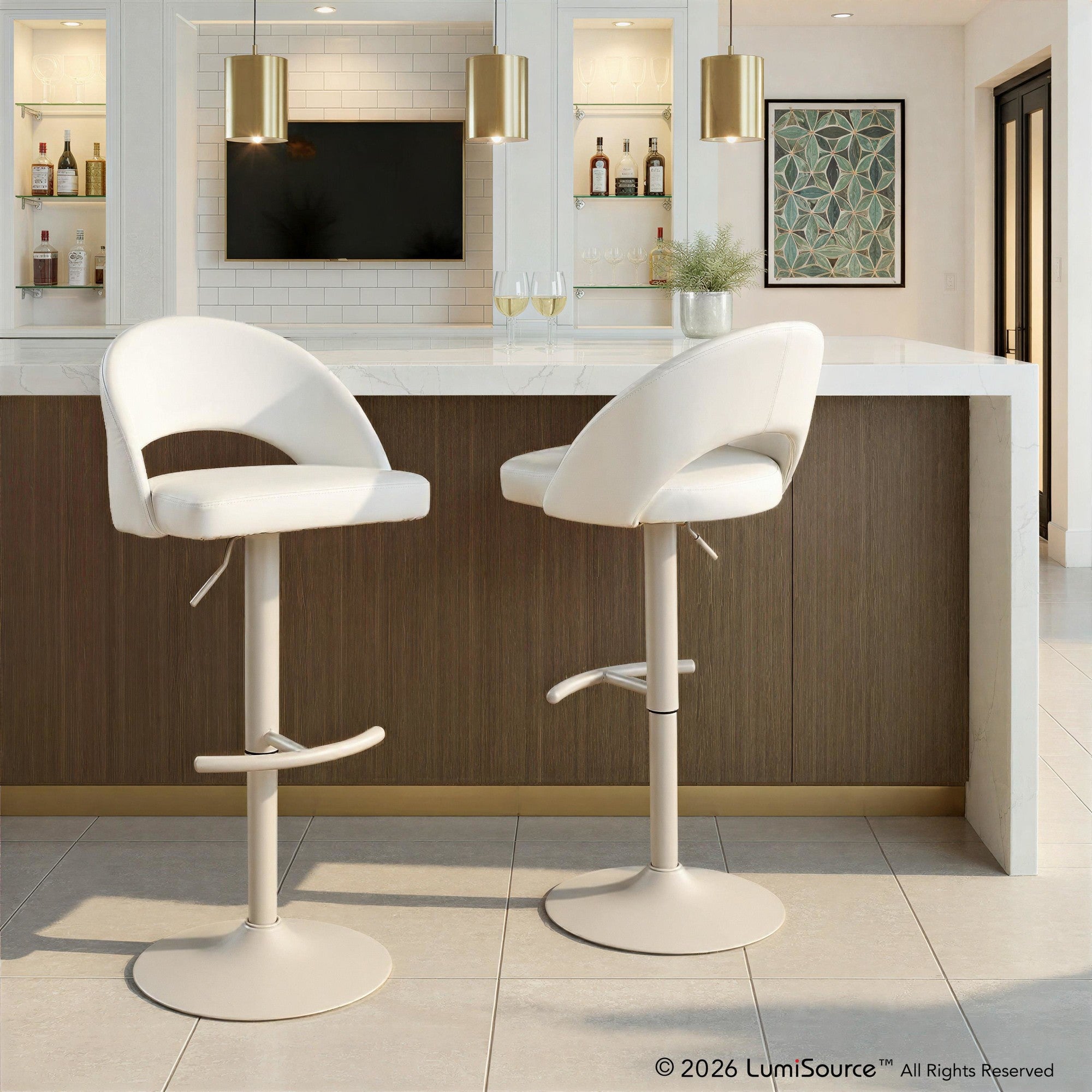 Renee Adjustable Barstool - Set of 2 - Pearl Grey Metal, White PU