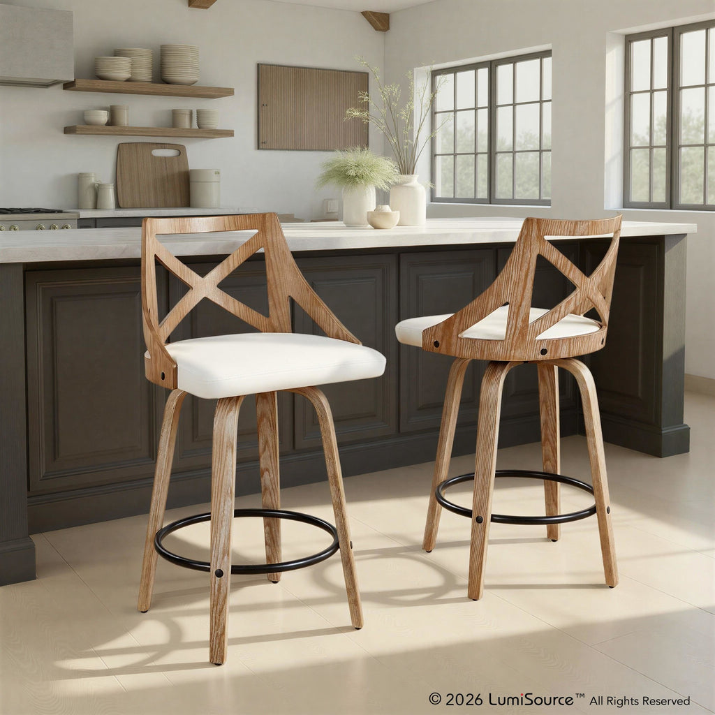 Charlotte 26" Fixed-Height Counter Stool - Set of 2 - Whitewashed Wood, White PU, Black Metal