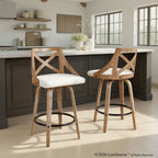 Charlotte 26" Fixed-Height Counter Stool - Set of 2 - Whitewashed Wood, White PU, Black Metal