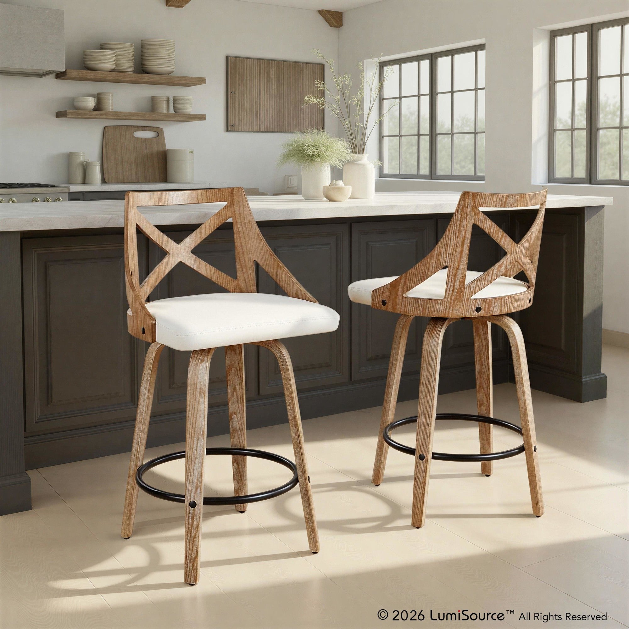 Charlotte 26" Fixed-Height Counter Stool - Set of 2 - Whitewashed Wood, White PU, Black Metal