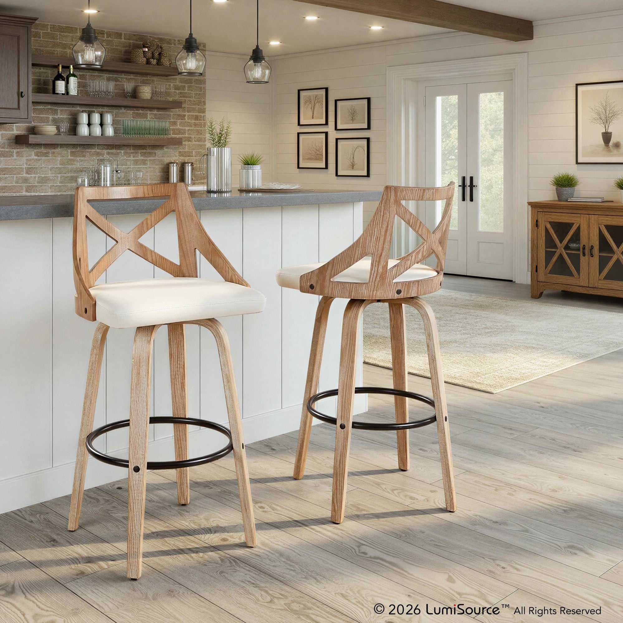 Charlotte 30" Fixed-Height Barstool - Set of 2 - Whitewashed Wood, White PU, Black Metal