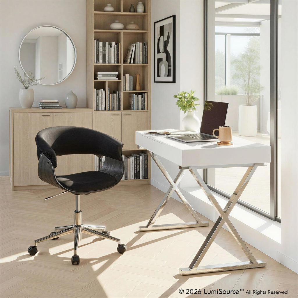 Vintage Mod Office Chair - Chrome Metal, Black Wood, Black Velvet