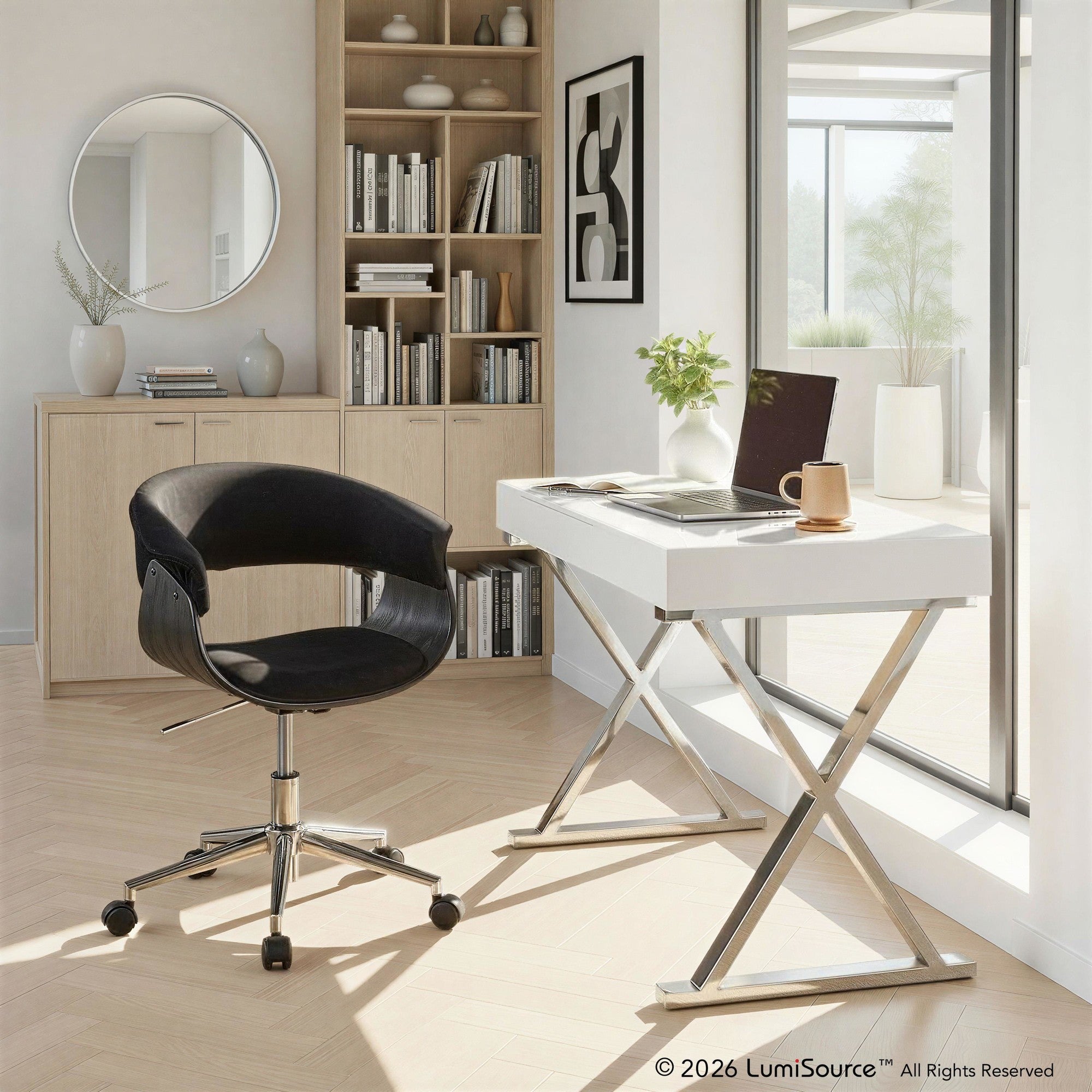 Vintage Mod Office Chair - Chrome Metal, Black Wood, Black Velvet