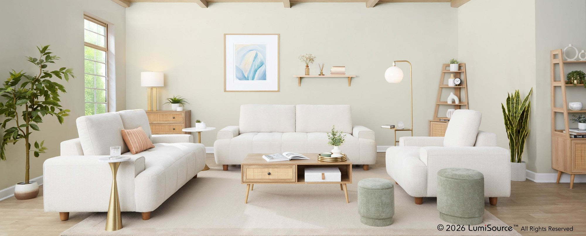 Kipton 43" Armchair - White Fabric, Walnut Wood
