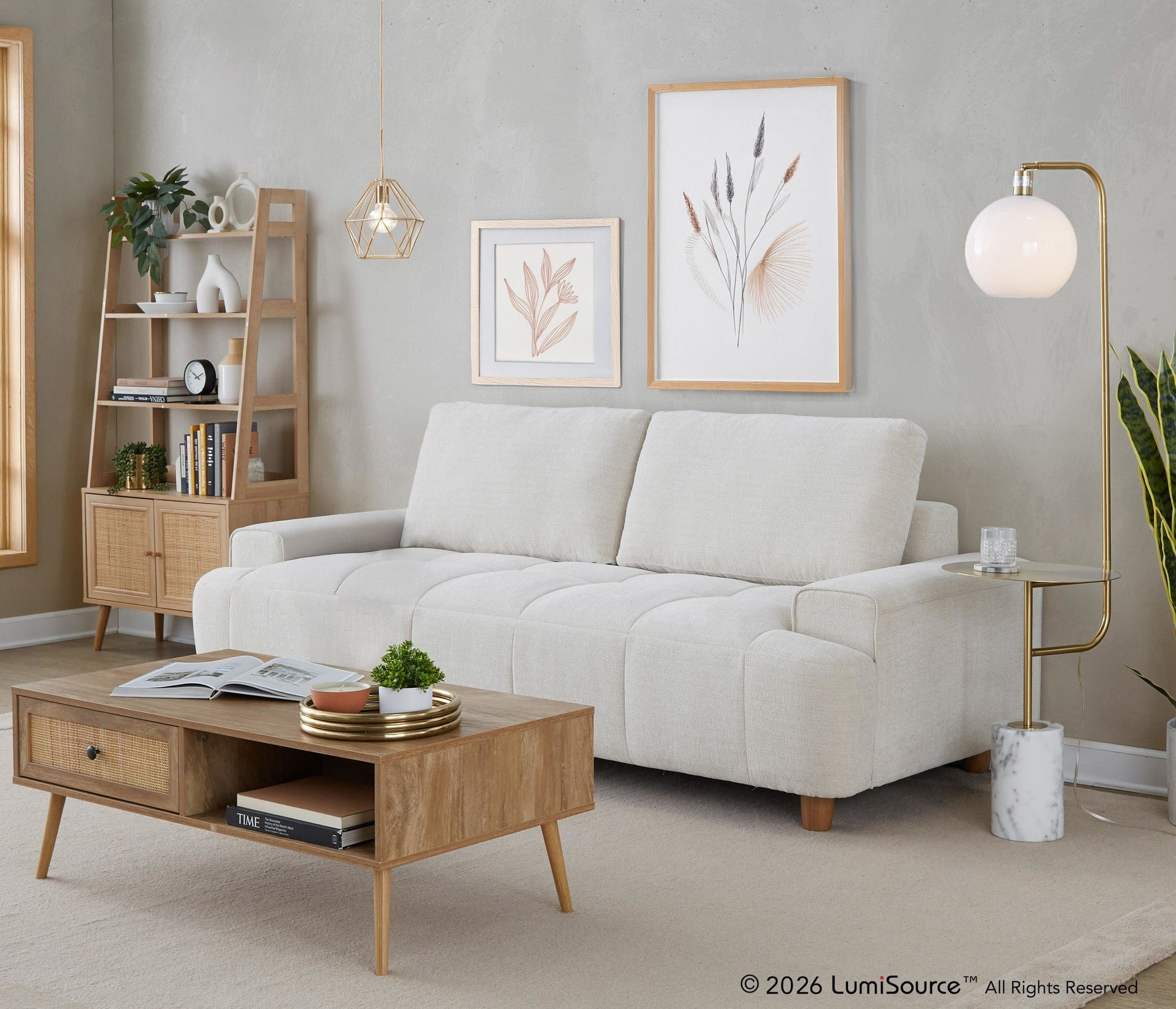 Kipton 90" Sofa - White Fabric, Walnut Wood
