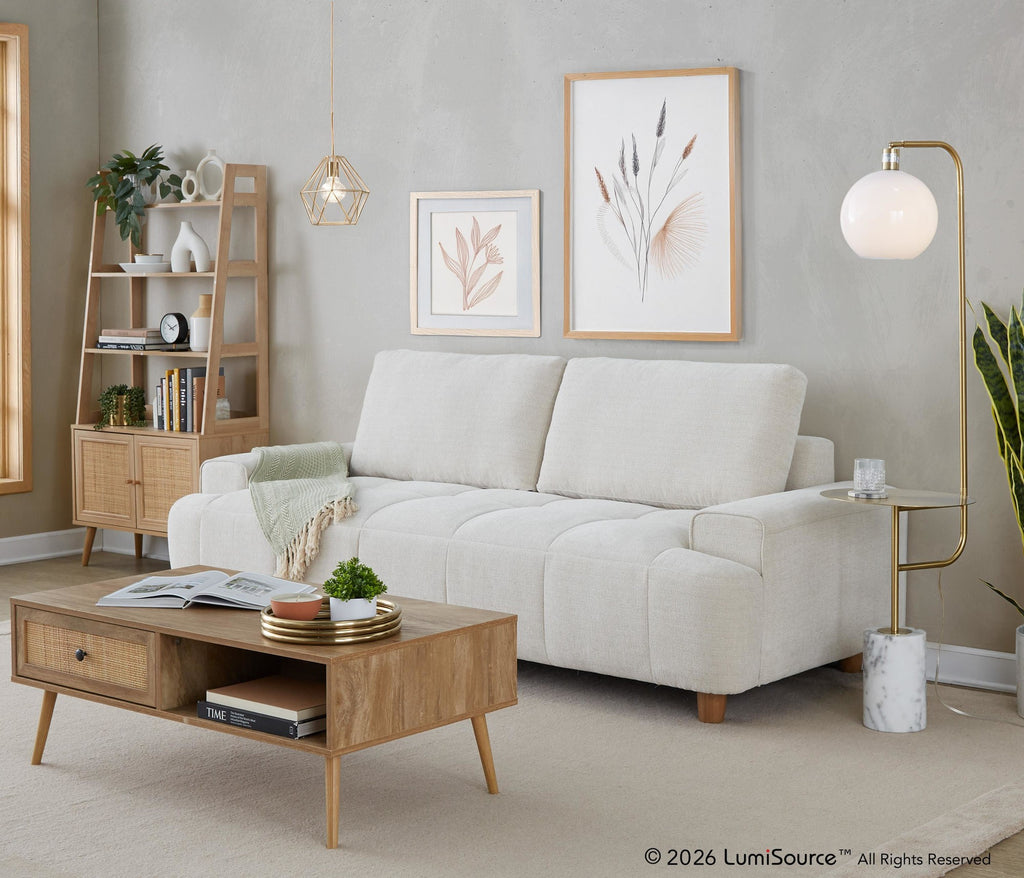 Kipton 90" Sofa - White Fabric, Walnut Wood