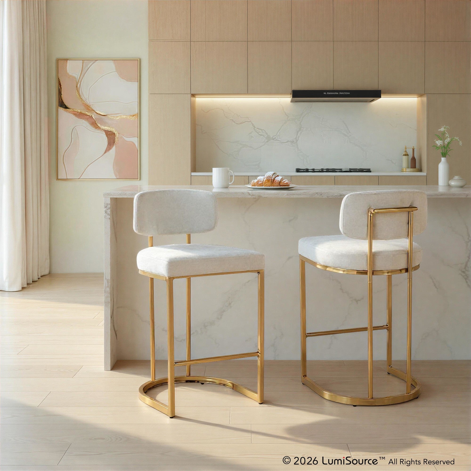 Mid-back Demi 26" Fixed-Height Counter Stool - Set of 2 - Gold Metal, Cream Fabric