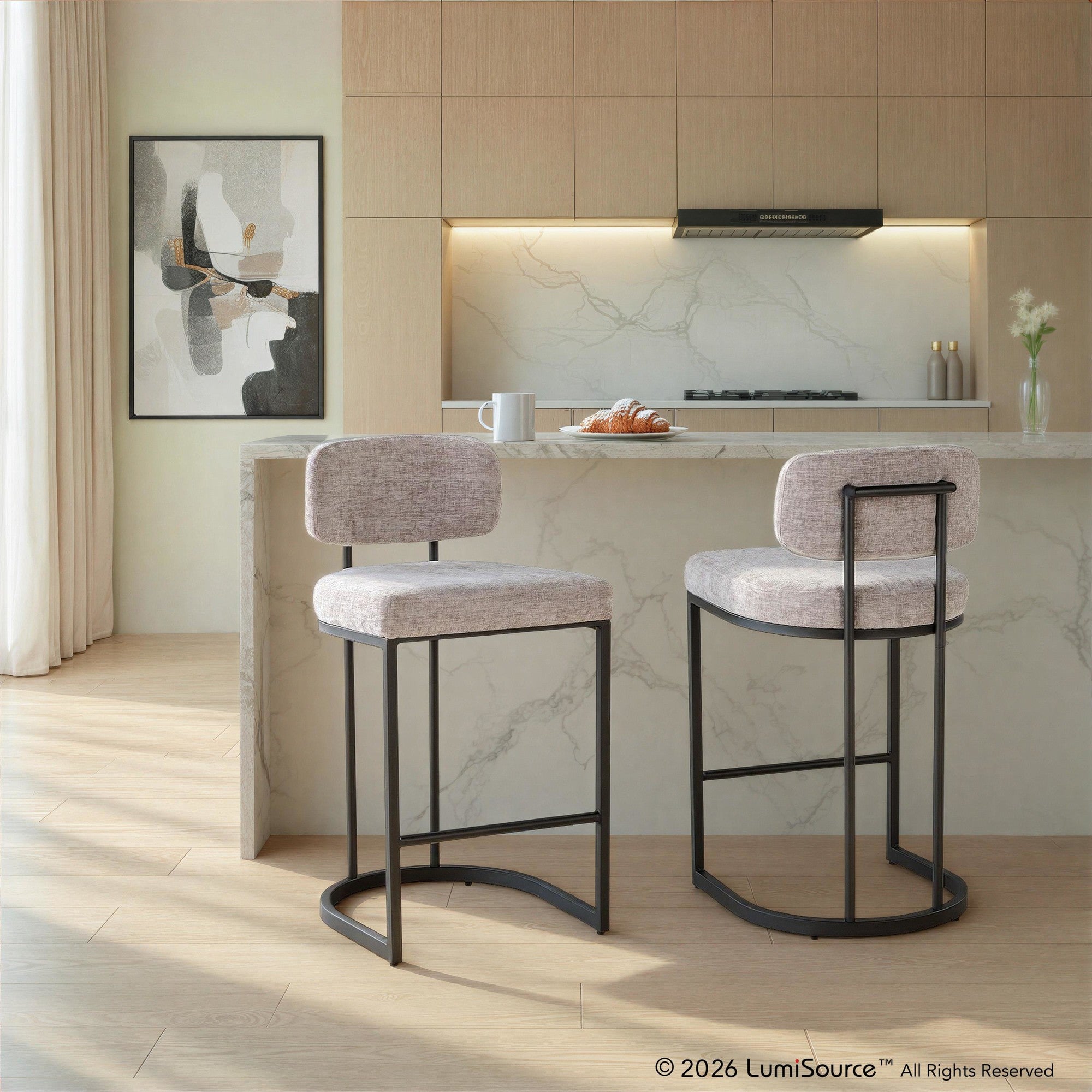 Mid-back Demi 26" Fixed-Height Counter Stool - Set of 2 - Black Metal, Light Grey Fabric
