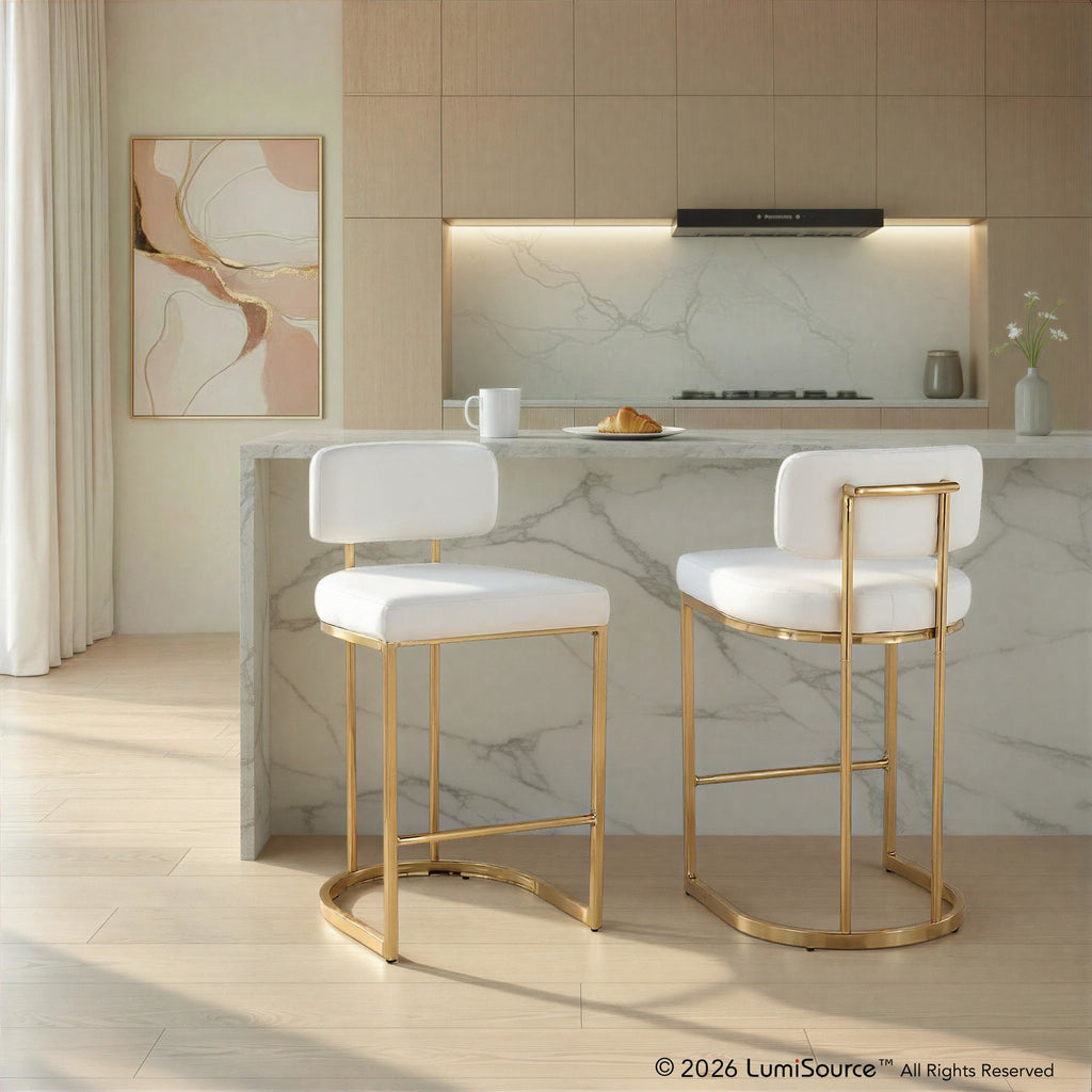 Mid-back Demi 26" Fixed-Height Counter Stool - Set of 2 - Gold Metal, White PU