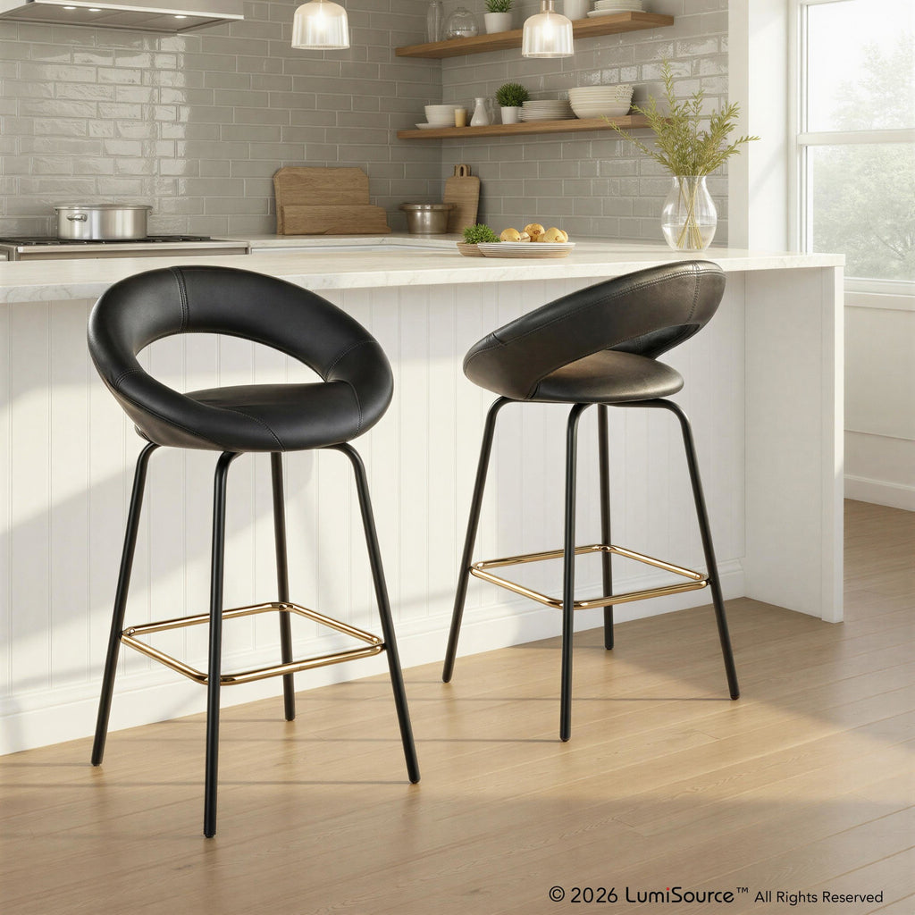 Posh 26" Fixed-Height Counter Stool - Set of 2 - Black Metal, Black Pu, Gold Metal