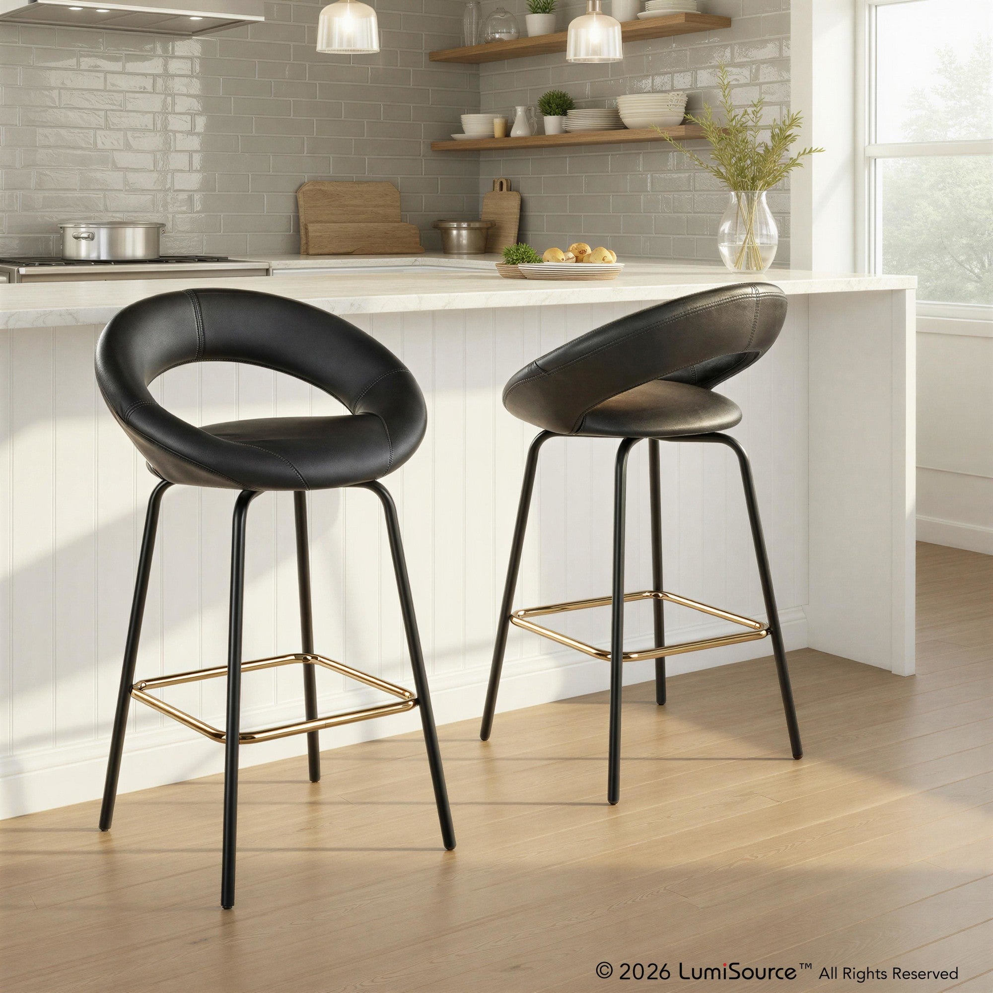 Posh 26" Fixed-Height Counter Stool - Set of 2 - Black Metal, Black Pu, Gold Metal