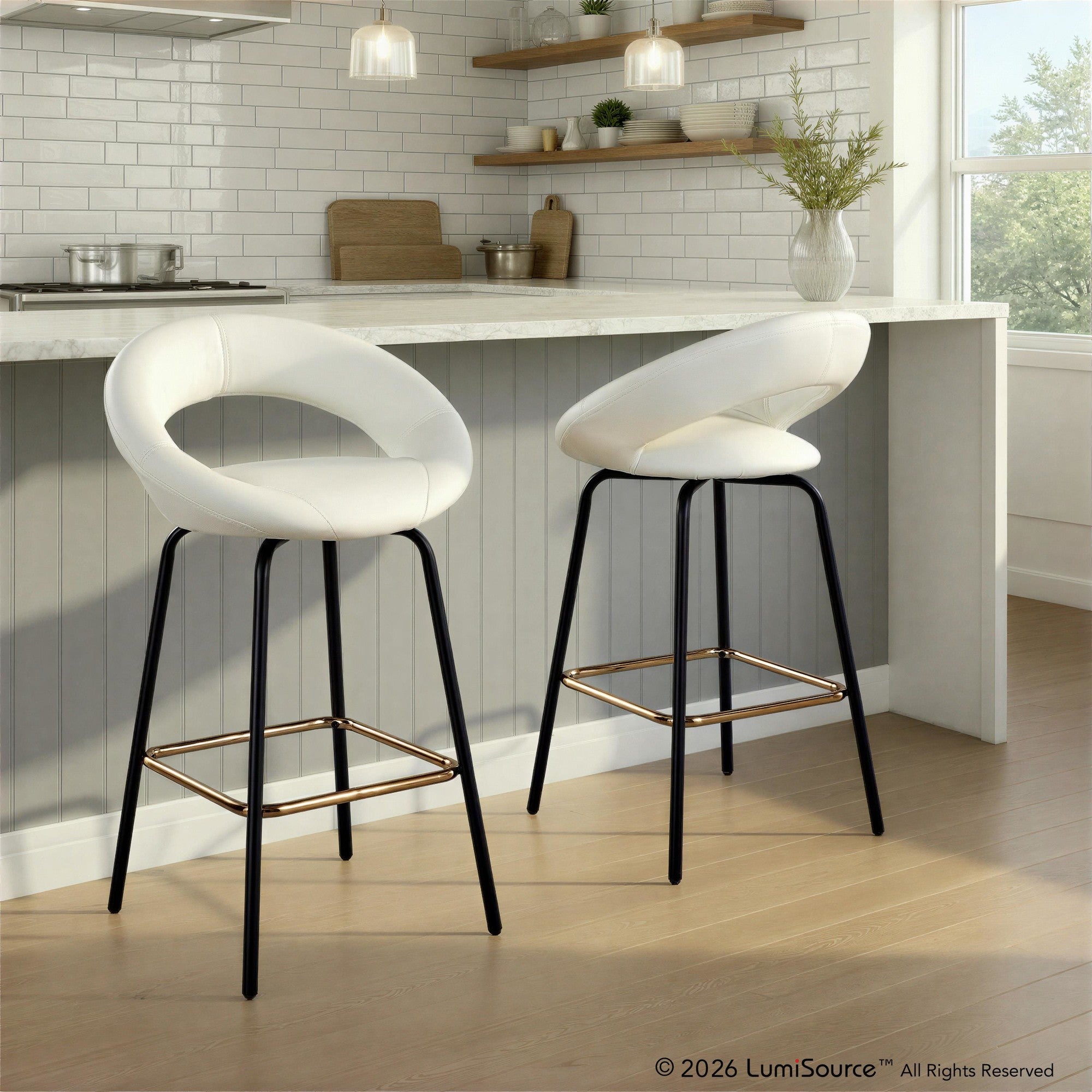Posh 26" Fixed-Height Counter Stool - Set of 2 - Black Metal, White Pu, Gold Metal