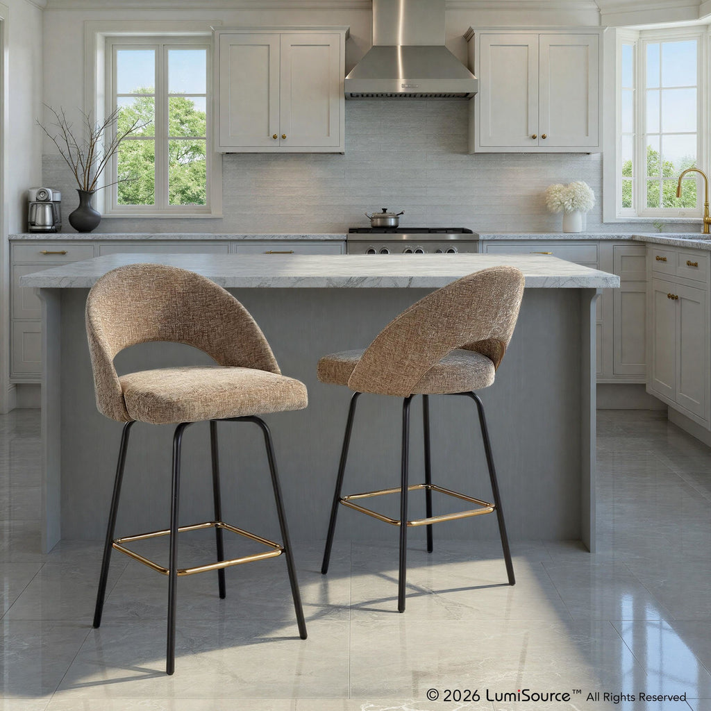 Renee Upholstered 26" Fixed-Height Counter Stool - Set of 2 - Black Metal, Brown Fabric, Gold Metal