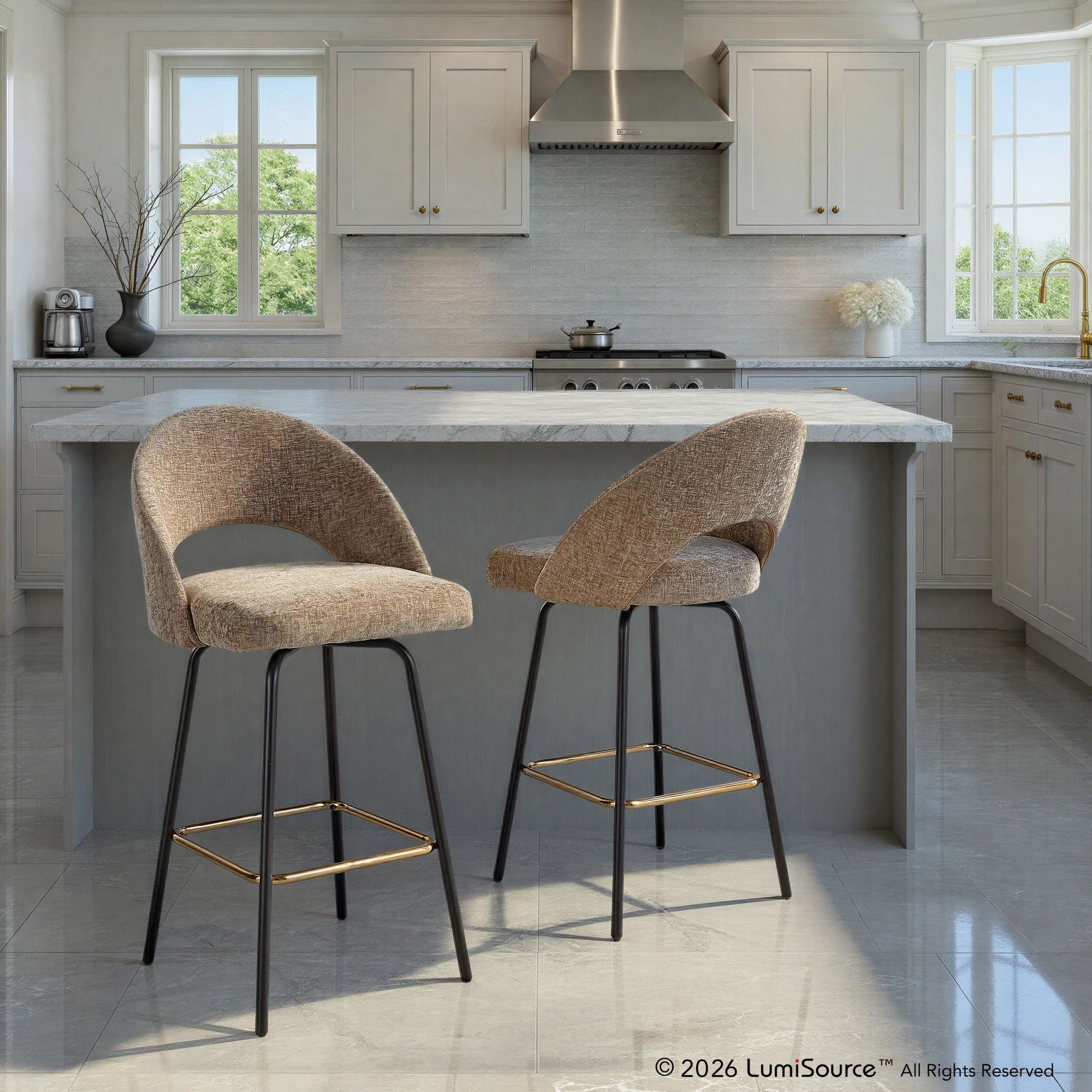 Renee Upholstered 26" Fixed-Height Counter Stool - Set of 2 - Black Metal, Brown Fabric, Gold Metal