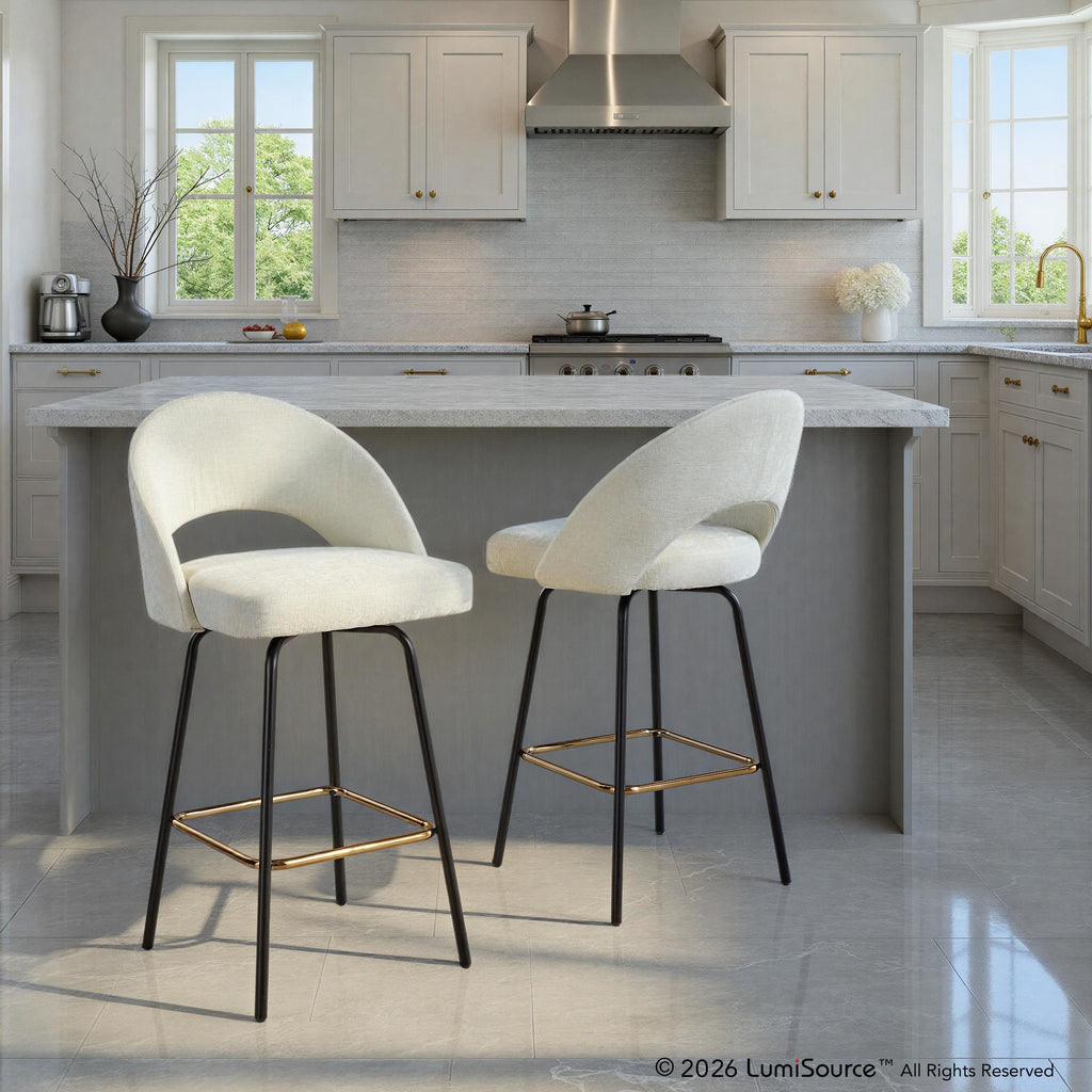 Renee Upholstered 26" Fixed-Height Counter Stool - Set of 2 - Black Metal, Cream Fabric, Gold Metal