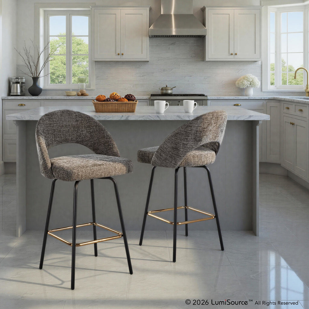 Renee Upholstered 26" Fixed-Height Counter Stool - Set of 2 - Black Metal, Grey Fabric, Gold Metal