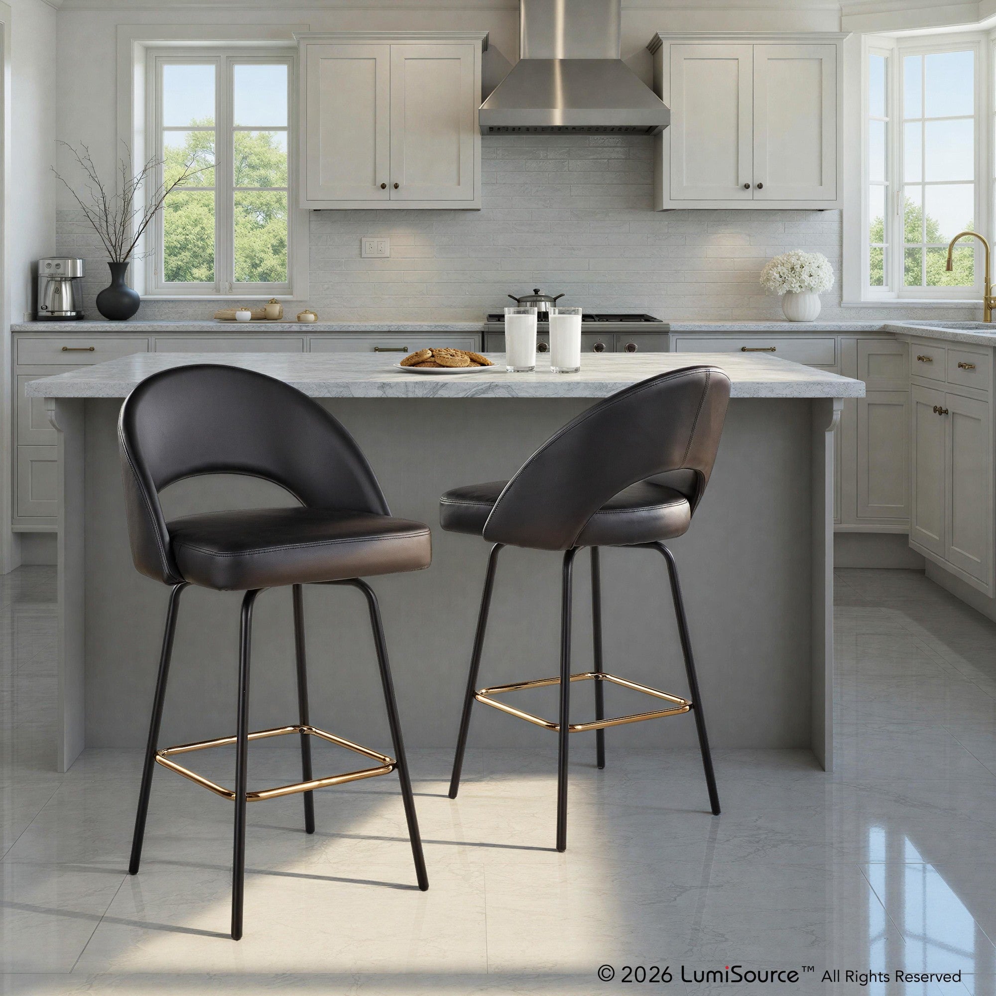 Renee Upholstered 26" Fixed-Height Counter Stool - Set of 2 - Black Metal, Black Pu, Gold Metal