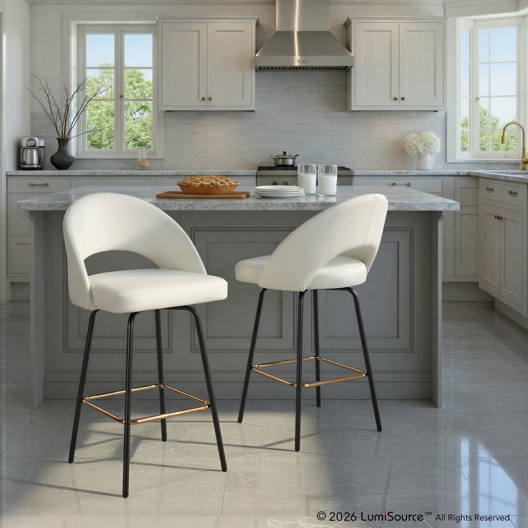 Renee Upholstered 26" Fixed-Height Counter Stool - Set of 2 - Black Metal, White Pu, Gold Metal