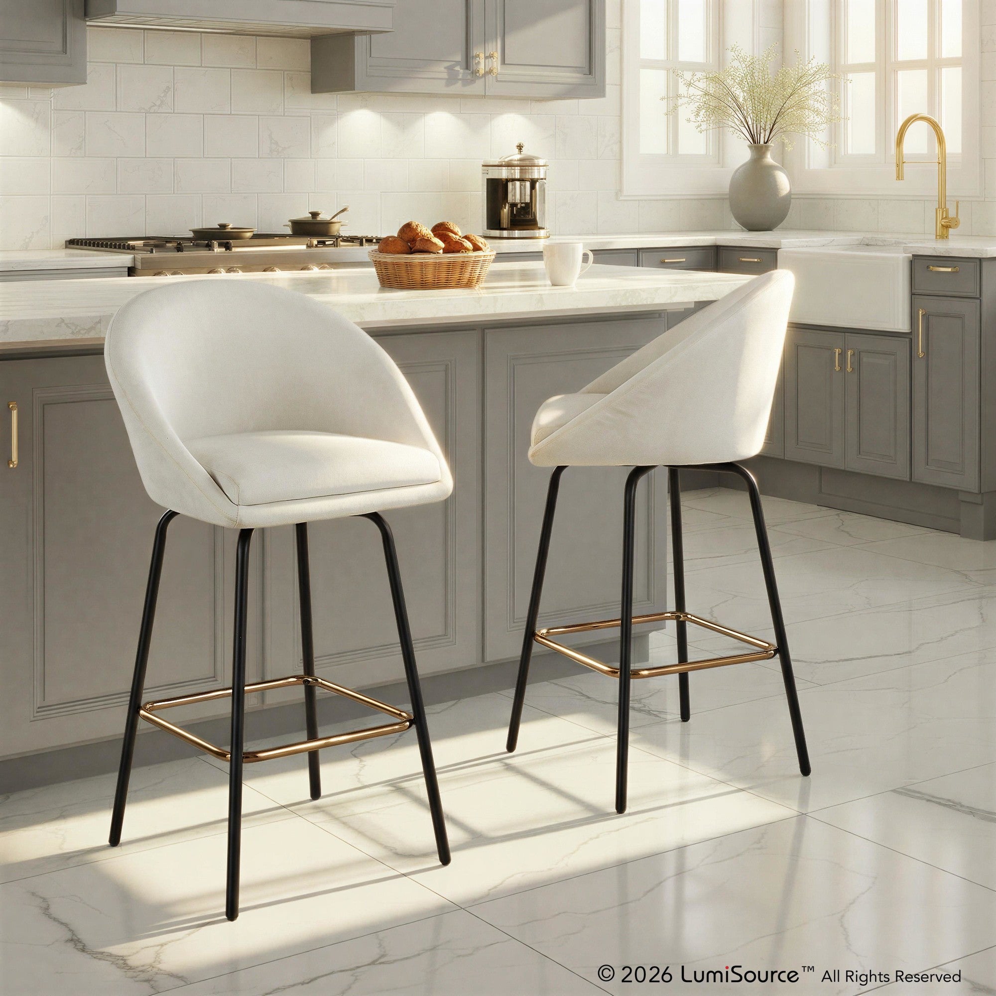 Matisse High Back 26" Fixed-Height Counter Stool - Set of 2 - Black Metal, Cream Performance Fabric, Gold Metal