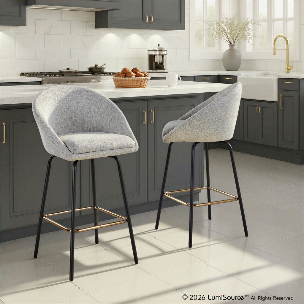 Matisse High Back 26" Fixed-Height Counter Stool - Set of 2 - Black Metal, Grey Performance Fabric, Gold Metal