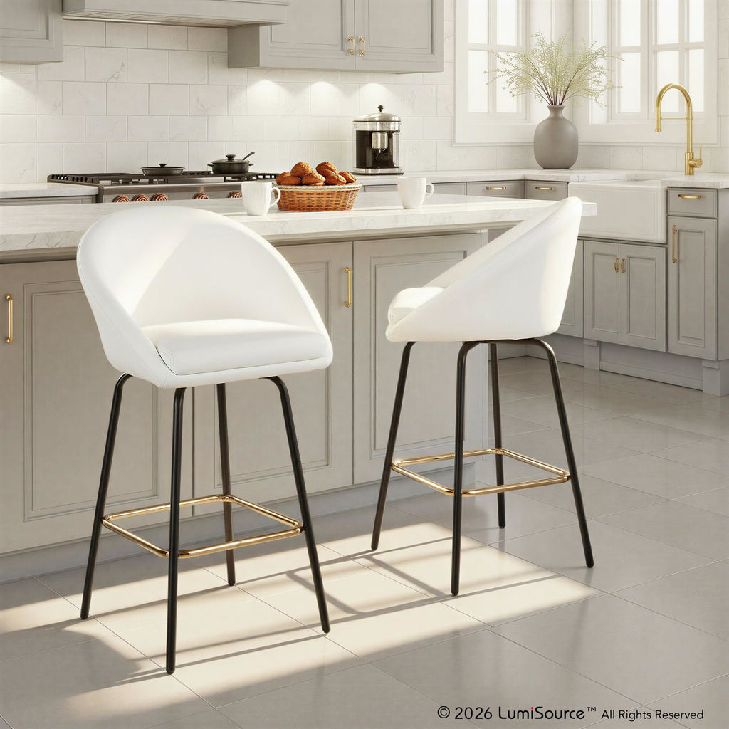 Matisse High Back 26" Fixed-Height Counter Stool - Set of 2 - Black Metal, White Pu, Gold Metal