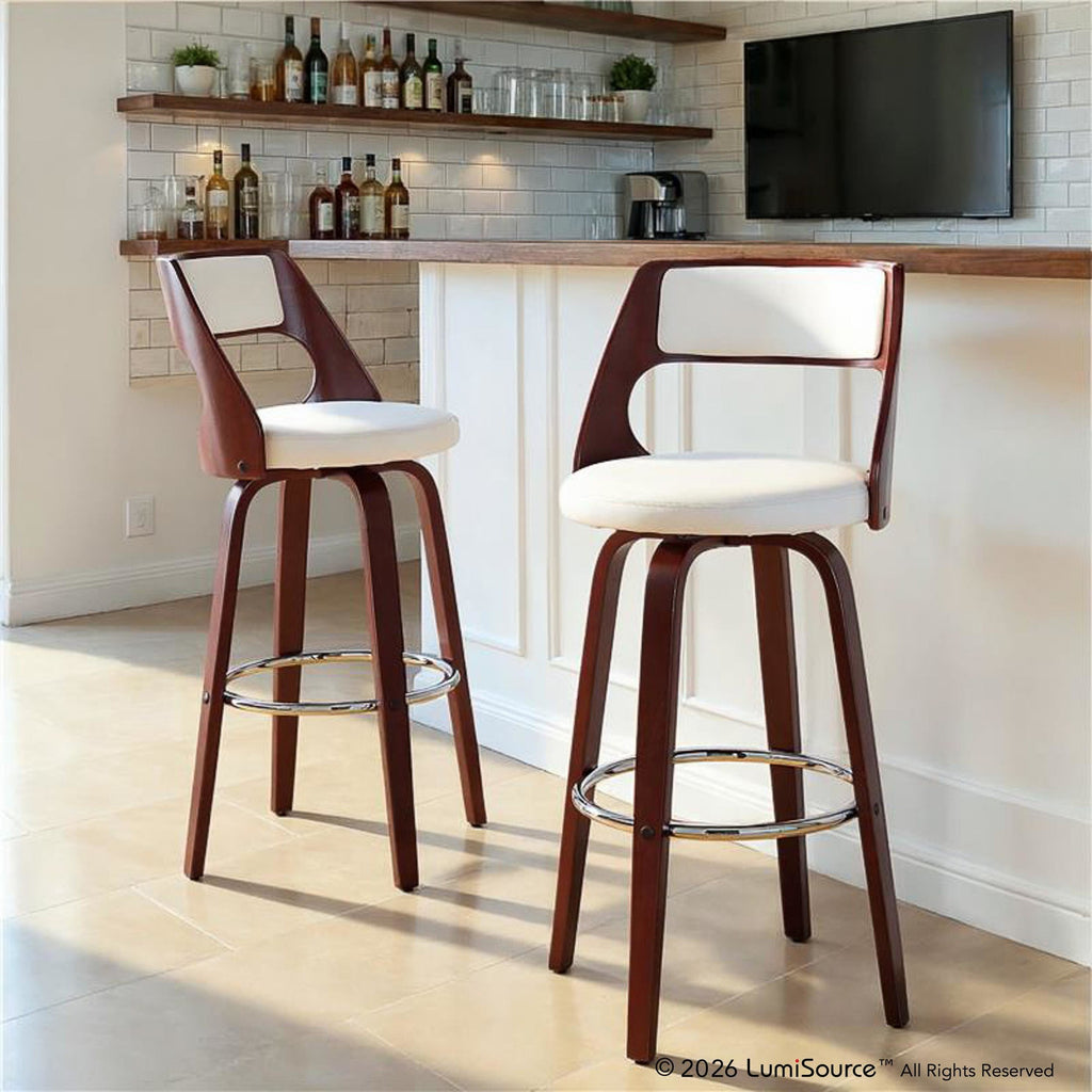Cecina 30'' Fixed-Height Barstool - Set of 2 - Mahogany Wood, Chrome Metal, White PU