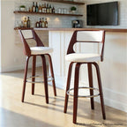 Cecina 30'' Fixed-Height Barstool - Set of 2 - Mahogany Wood, Chrome Metal, White PU
