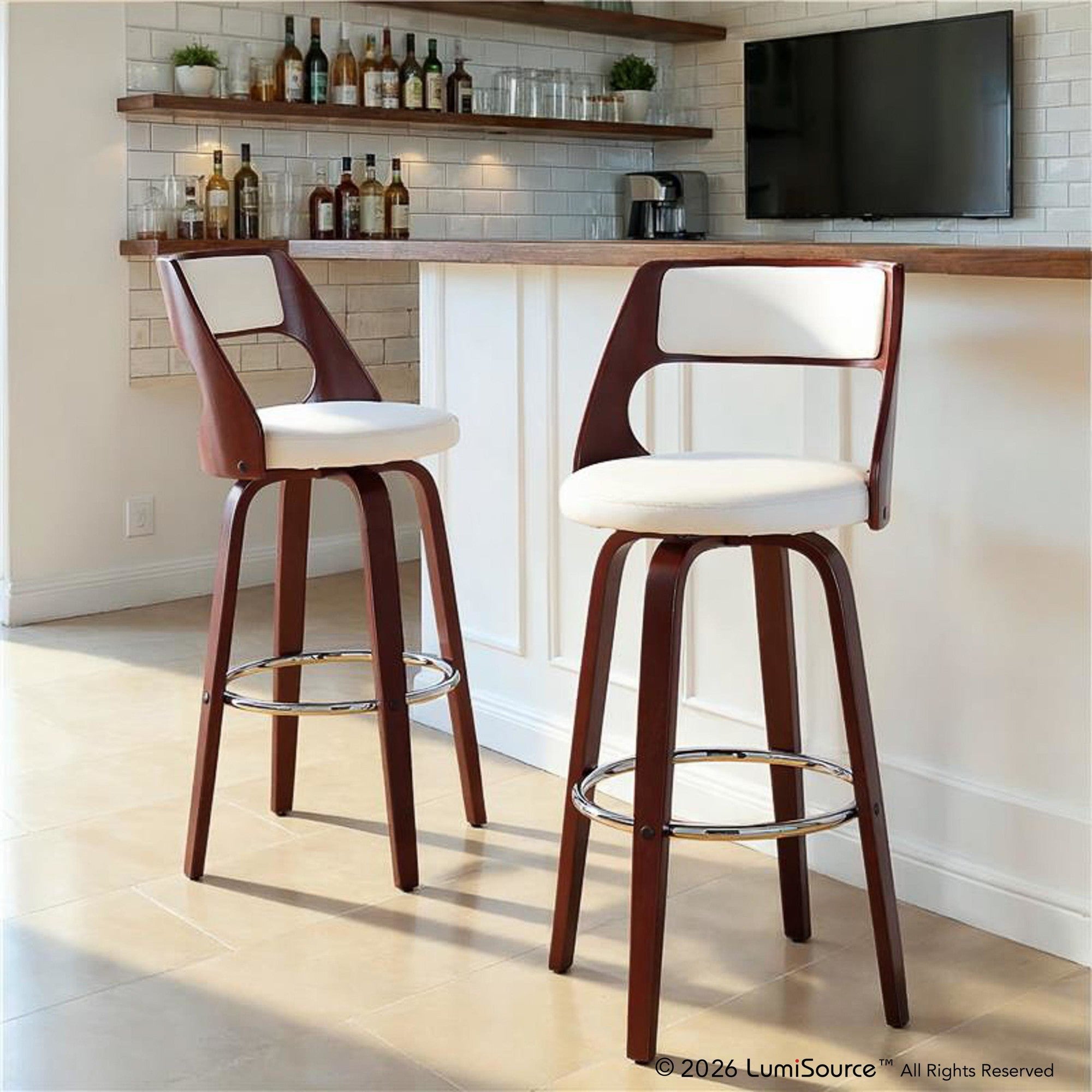 Cecina 30'' Fixed-Height Barstool - Set of 2 - Mahogany Wood, Chrome Metal, White PU