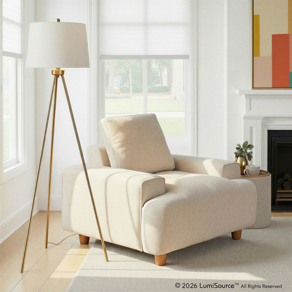 Tripod 61" Metal Floor Lamp - Gold Metal, White Linen