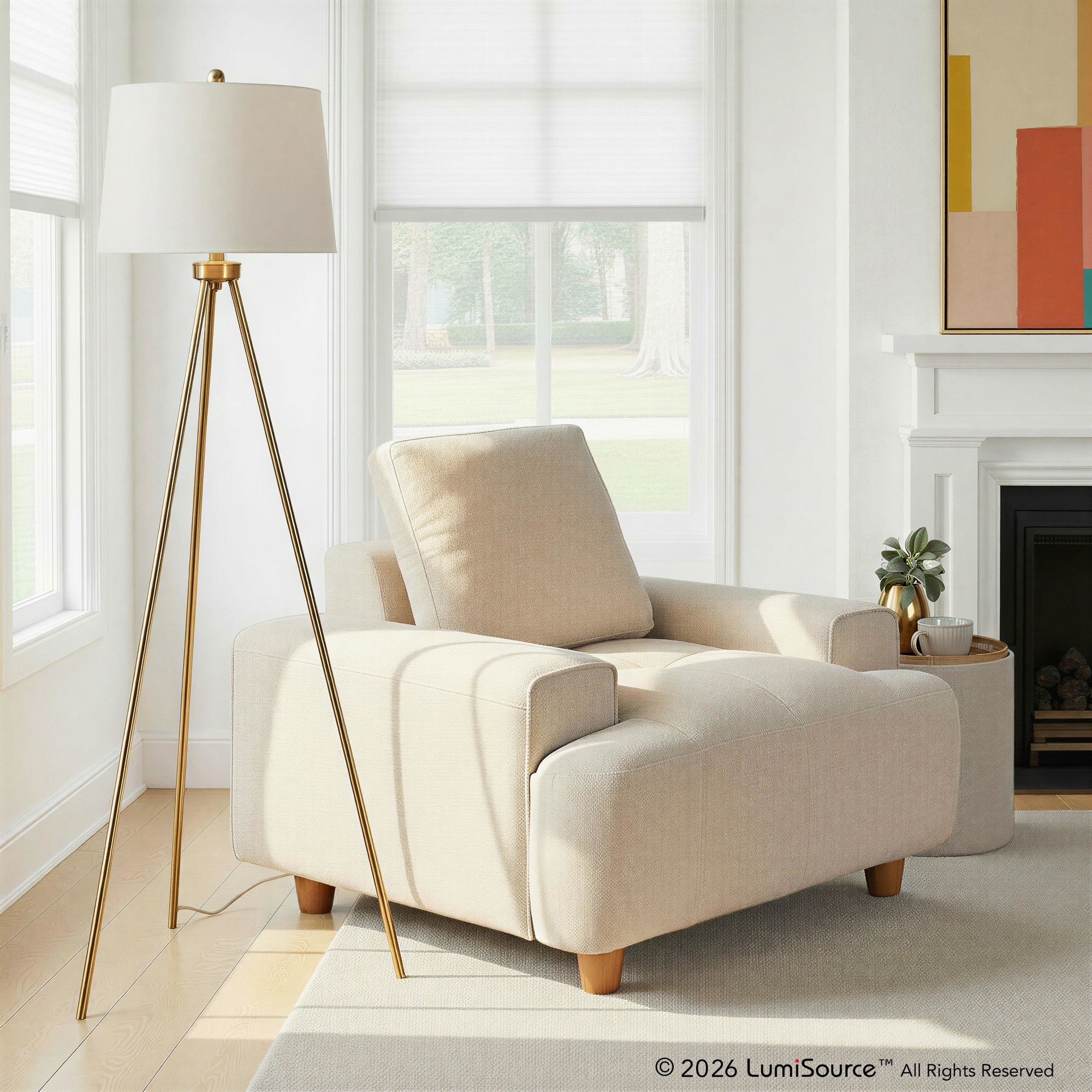 Tripod 61" Metal Floor Lamp - Gold Metal, White Linen