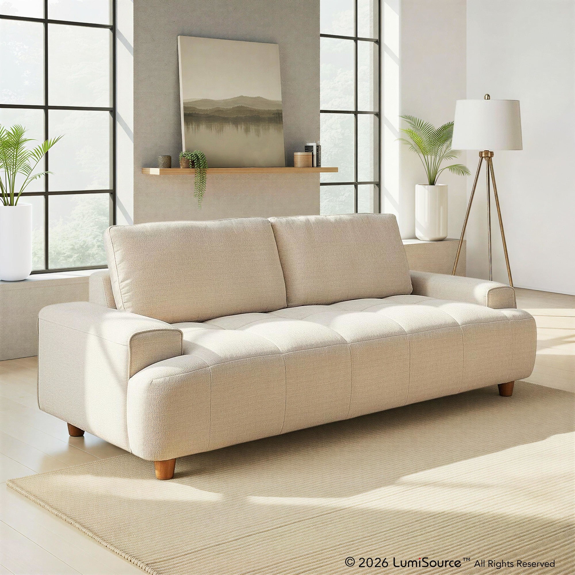 Kipton 90" Sofa - White Fabric, Walnut Wood