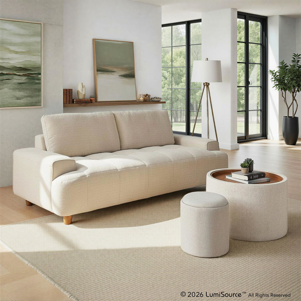 Kipton 90" Sofa - White Fabric, Walnut Wood