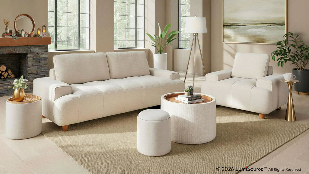 Kipton 90" Sofa - White Fabric, Walnut Wood