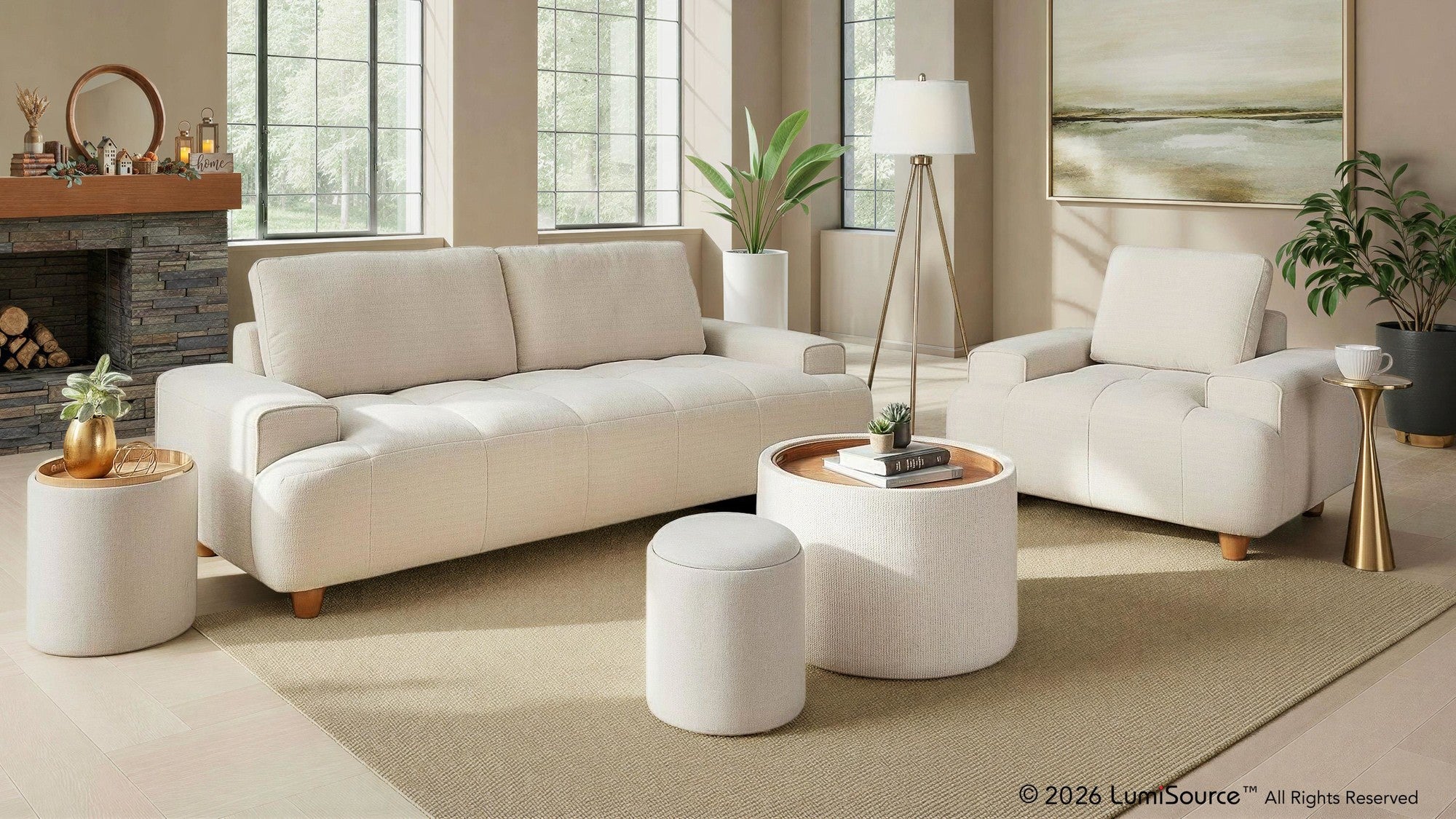 Kipton 90" Sofa - White Fabric, Walnut Wood