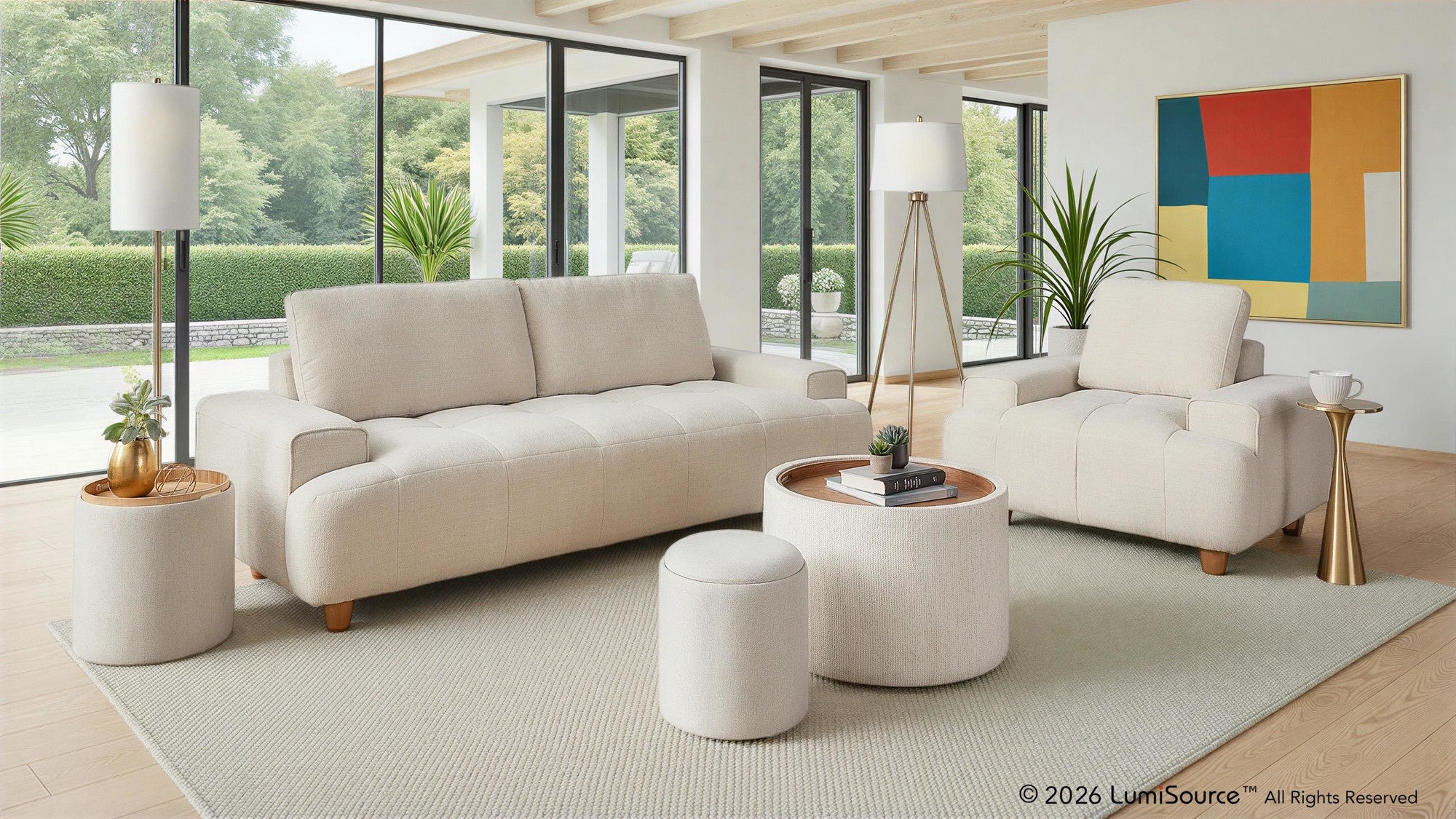 Kipton 90" Sofa - White Fabric, Walnut Wood