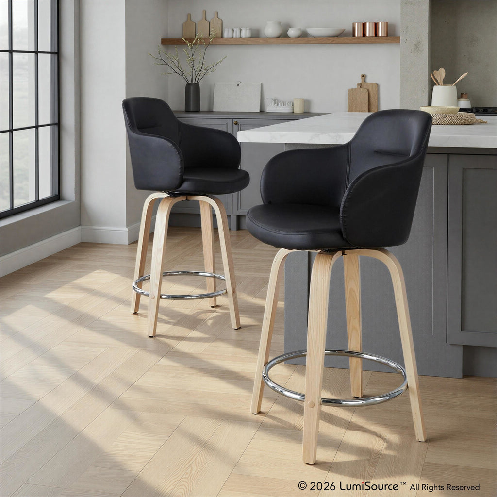 Boyne 24" Fixed-Height Counter Stool - Set of 2 - Natural Wood, Black PU, Chrome Metal