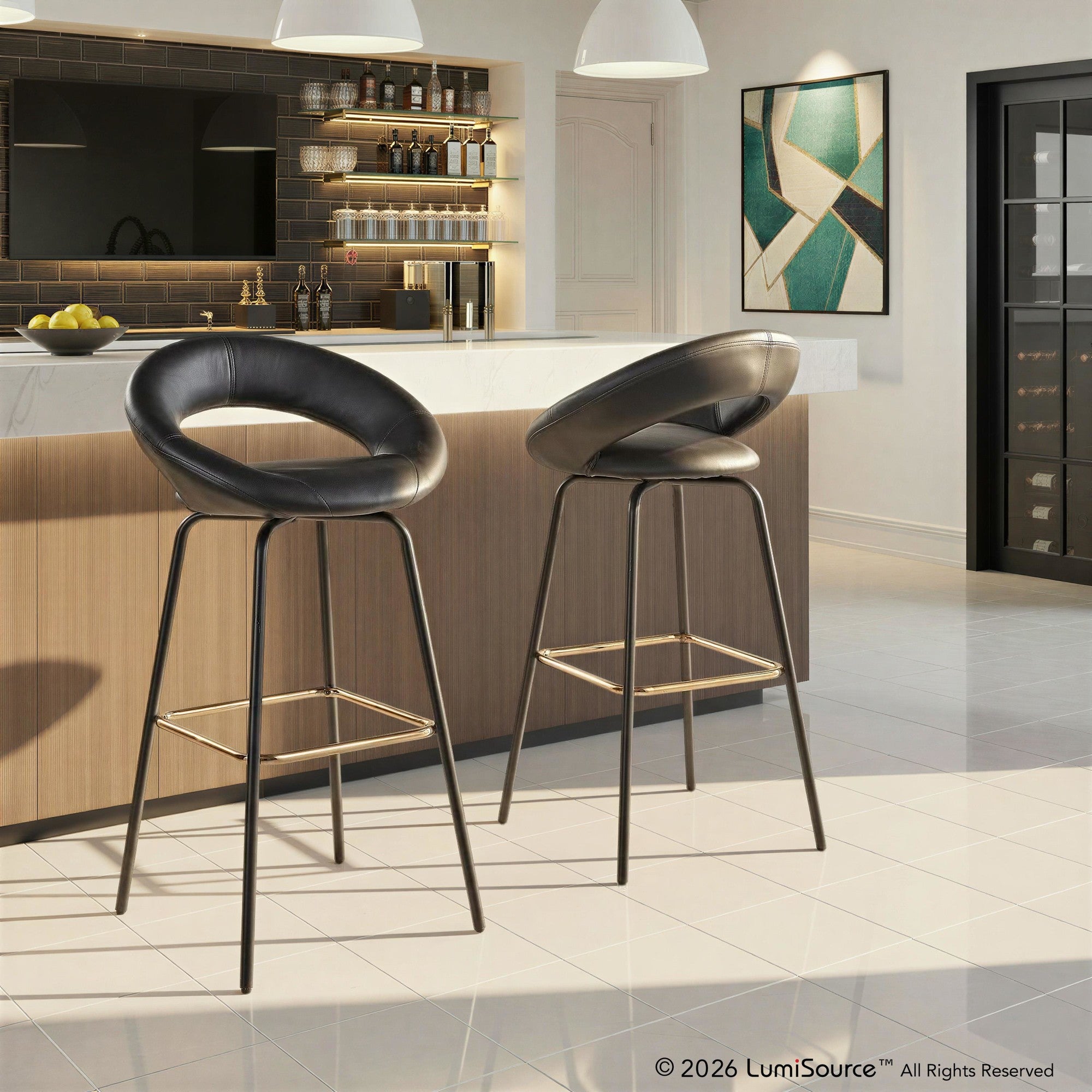 Posh 30" Fixed-Height Barstool - Set of 2 - Black Metal, Black PU, Gold Metal