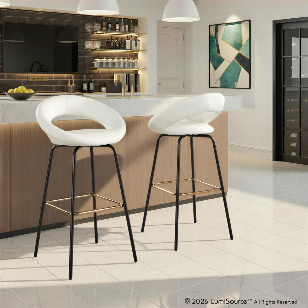 Posh 30" Fixed-Height Barstool - Set of 2 - Black Metal, White PU, Gold Metal