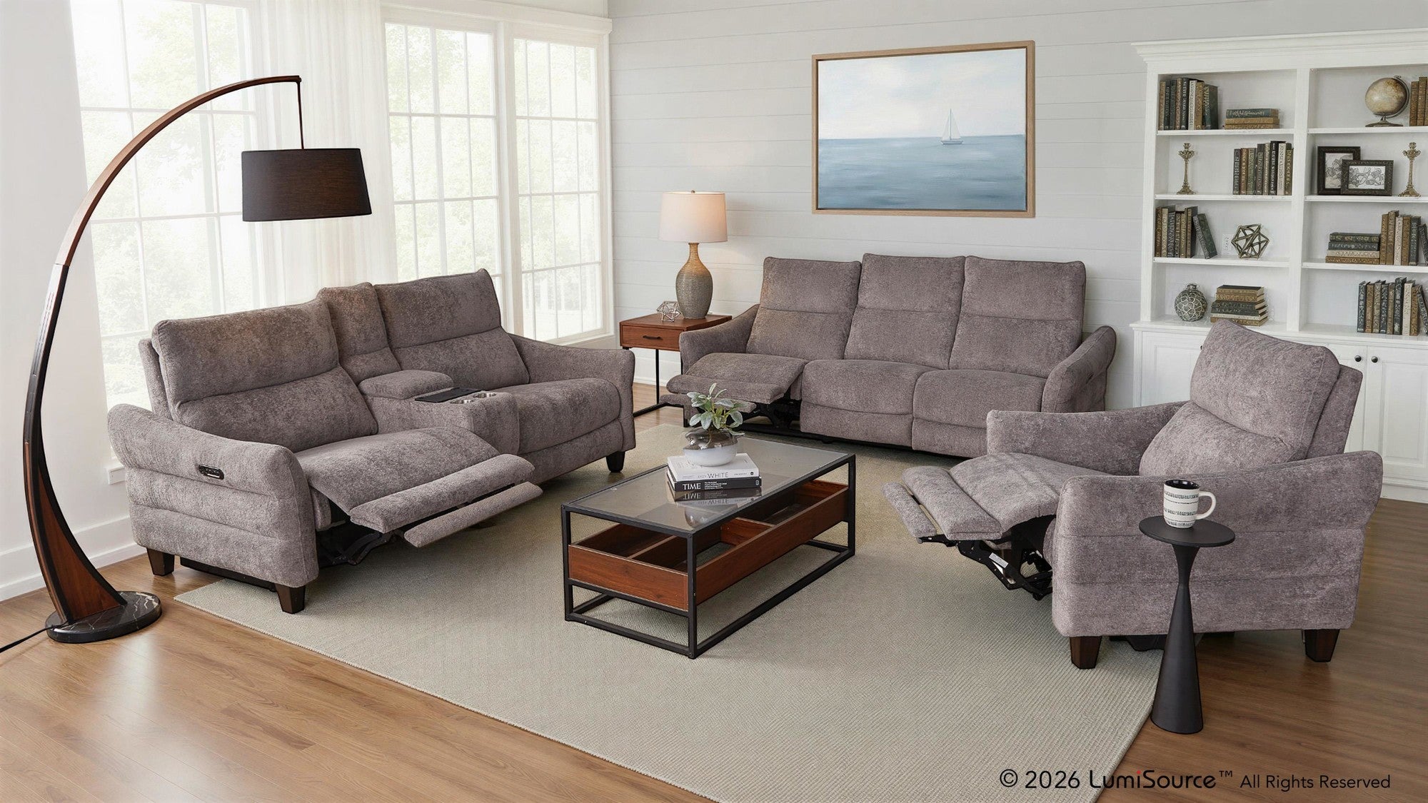 Slope Upholstered 87" Power Loveseat with Console - Espresso Wood, Pewter Fabric