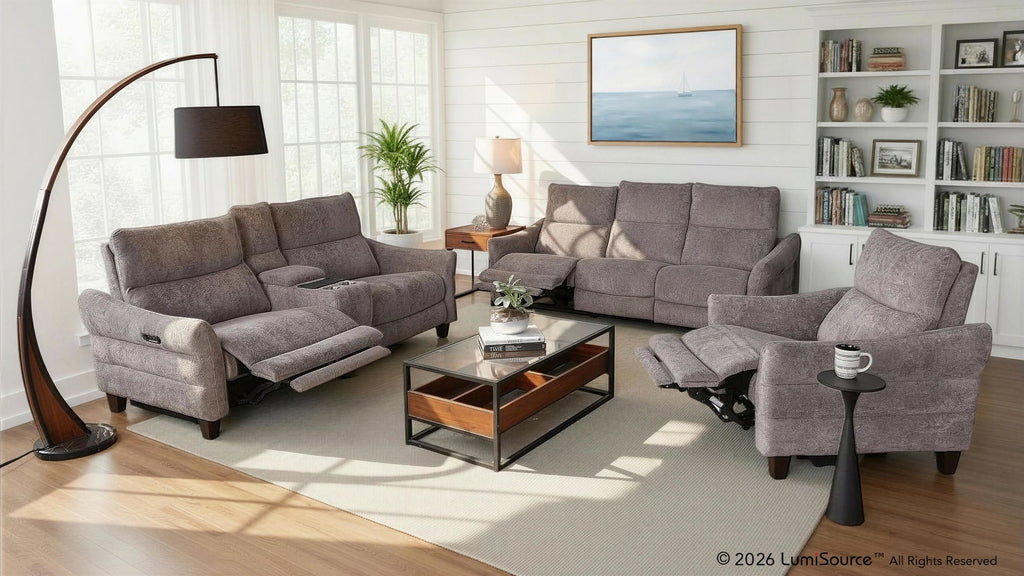 Slope Upholstered 87" Power Loveseat with Console - Espresso Wood, Pewter Fabric