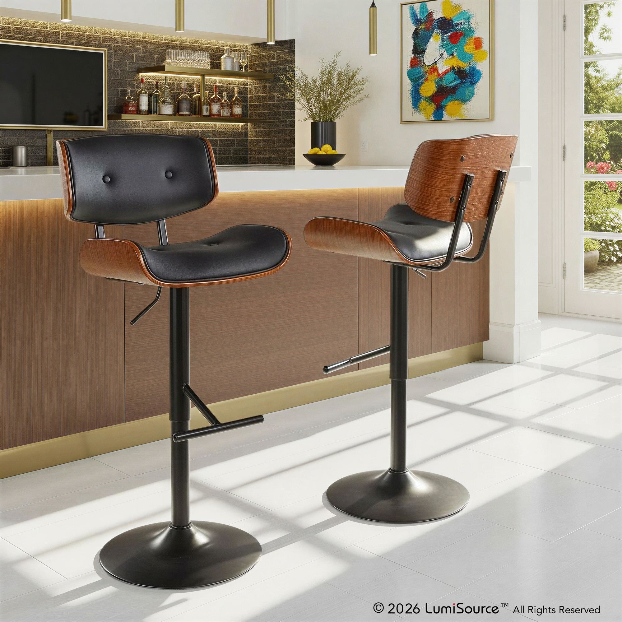 Lombardi Adjustable Barstool - Black Metal, Walnut Wood, Black PU