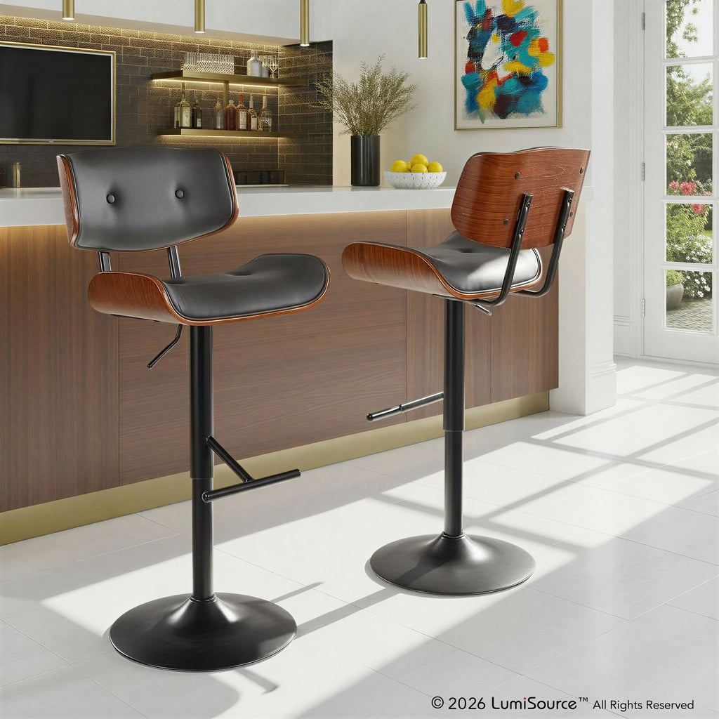 Lombardi Adjustable Barstool - Black Metal, Walnut Wood, Grey PU