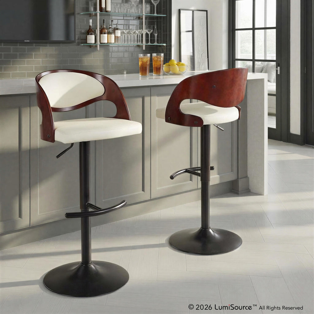 Pino Adjustable Barstool - Set of 2 - Black Metal, Mahogany Wood, White PU