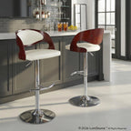 Pino Adjustable Barstool - Set of 2 - Chrome Metal, Mahogany Wood, White PU