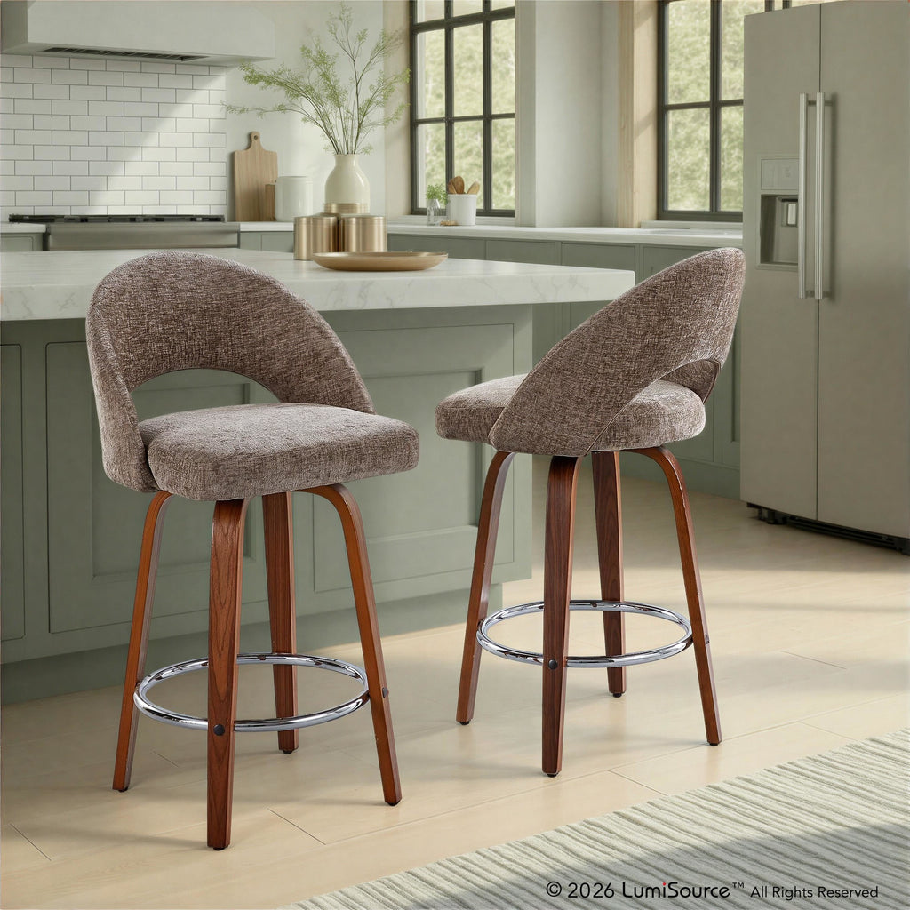 Renee Upholstered 26" Fixed-Height Counter Stool - Set of 2 - Walnut Wood, Brown Fabric, Chrome Metal