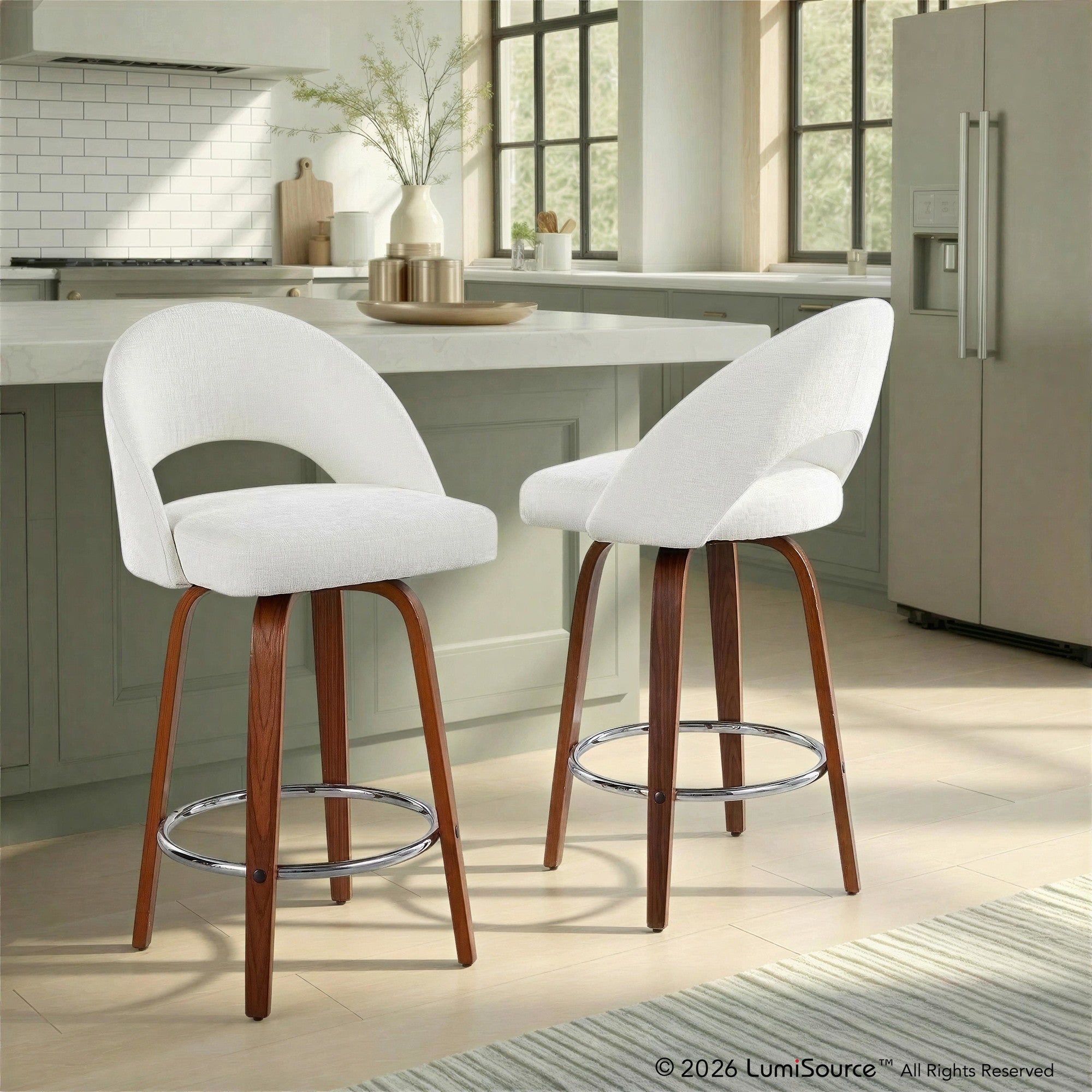 Renee Upholstered 26" Fixed-Height Counter Stool - Set of 2 - Walnut Wood, Cream Fabric, Chrome Metal