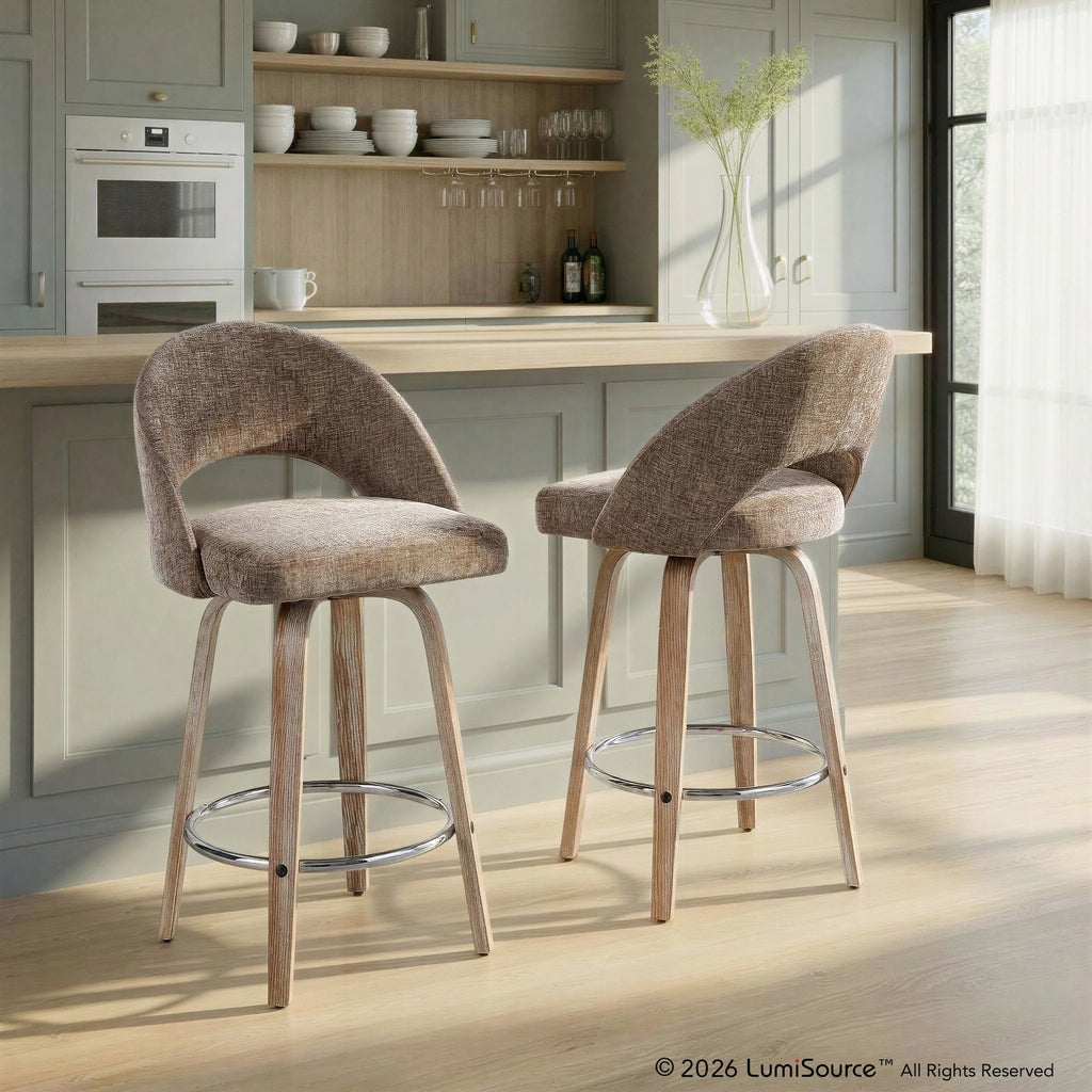 Renee Upholstered 26" Fixed-Height Counter Stool - Set of 2 - Whitewashed Wood, Brown Fabric, Chrome Metal