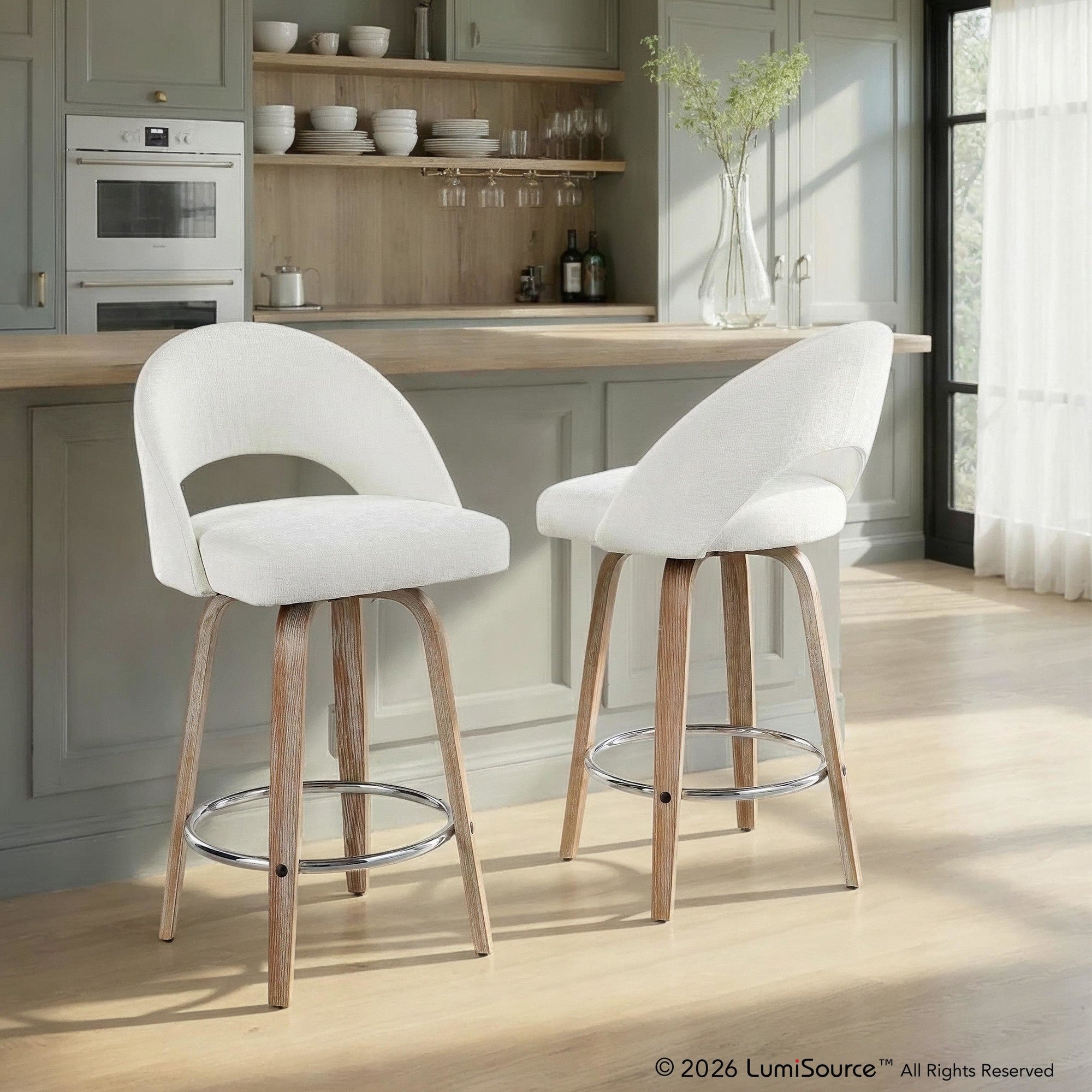 Renee Upholstered 26" Fixed-Height Counter Stool - Set of 2 - Whitewashed Wood, Cream Fabric, Chrome Metal